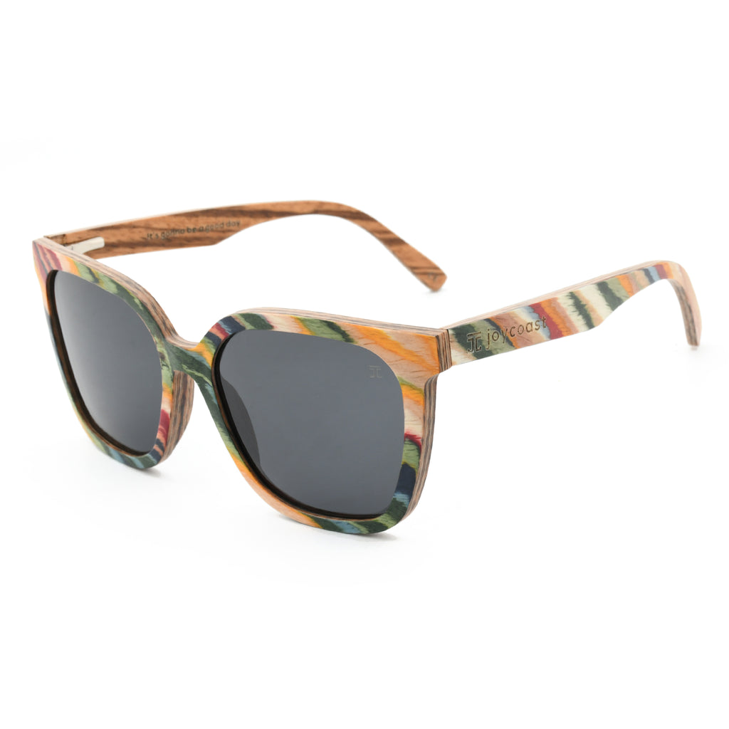 Polarized sunglasses with multicolor wood-pattern frame and dark lenses
