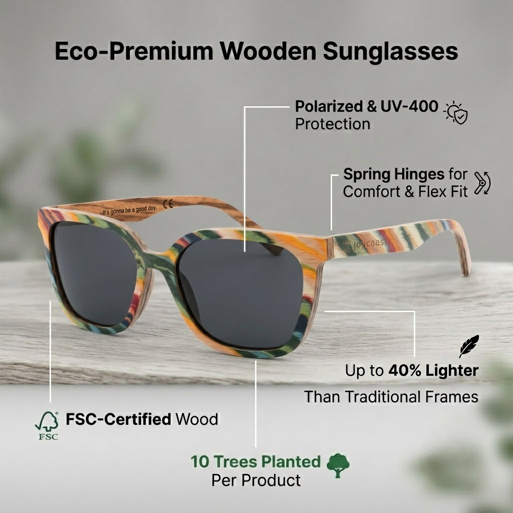 Rainbow zebra-wood sunglasses with black polarized lenses, UV400, spring hinges