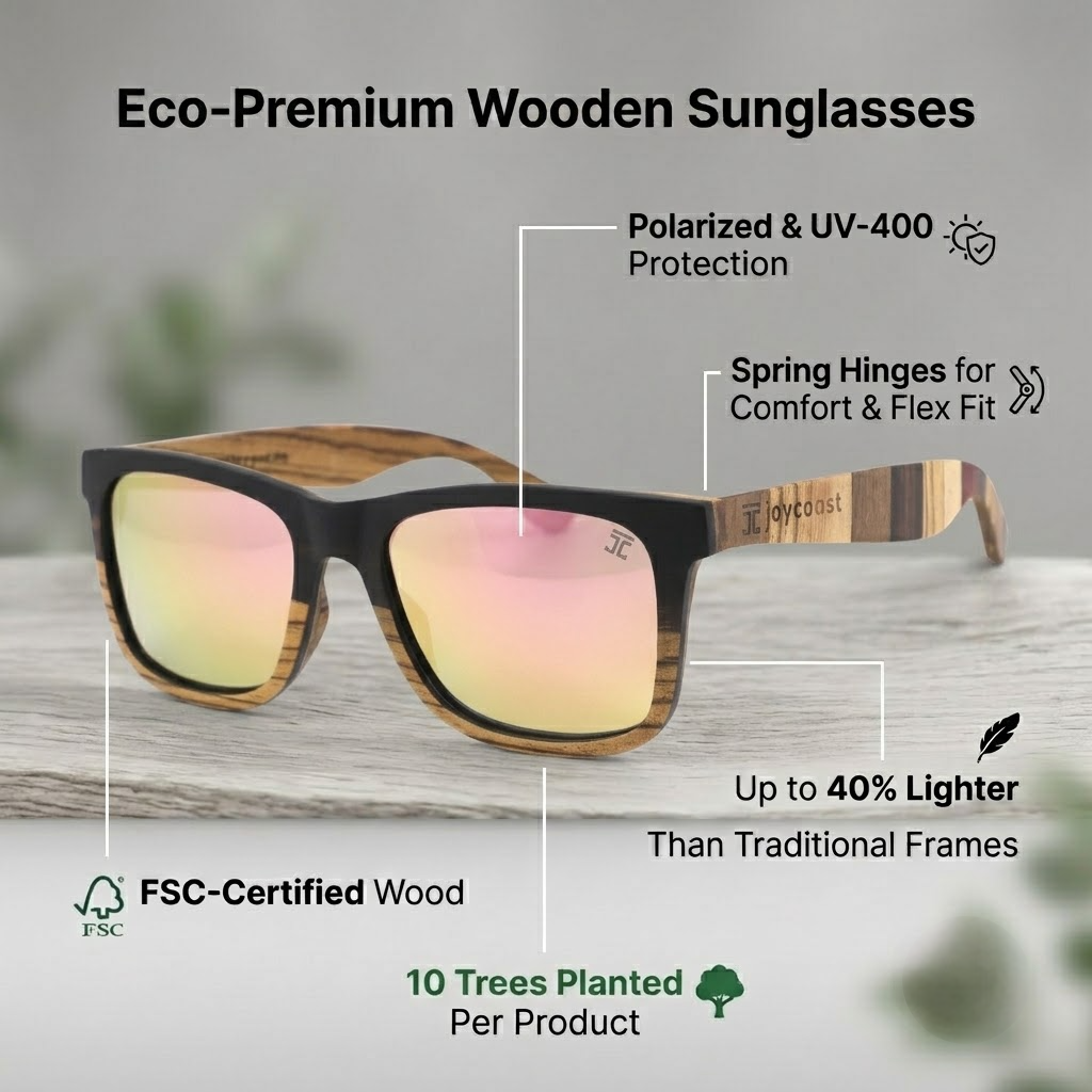Eco-premium bamboo sunglasses with polarized lenses, showcasing a stylish wooden design for sustainable fashion.
