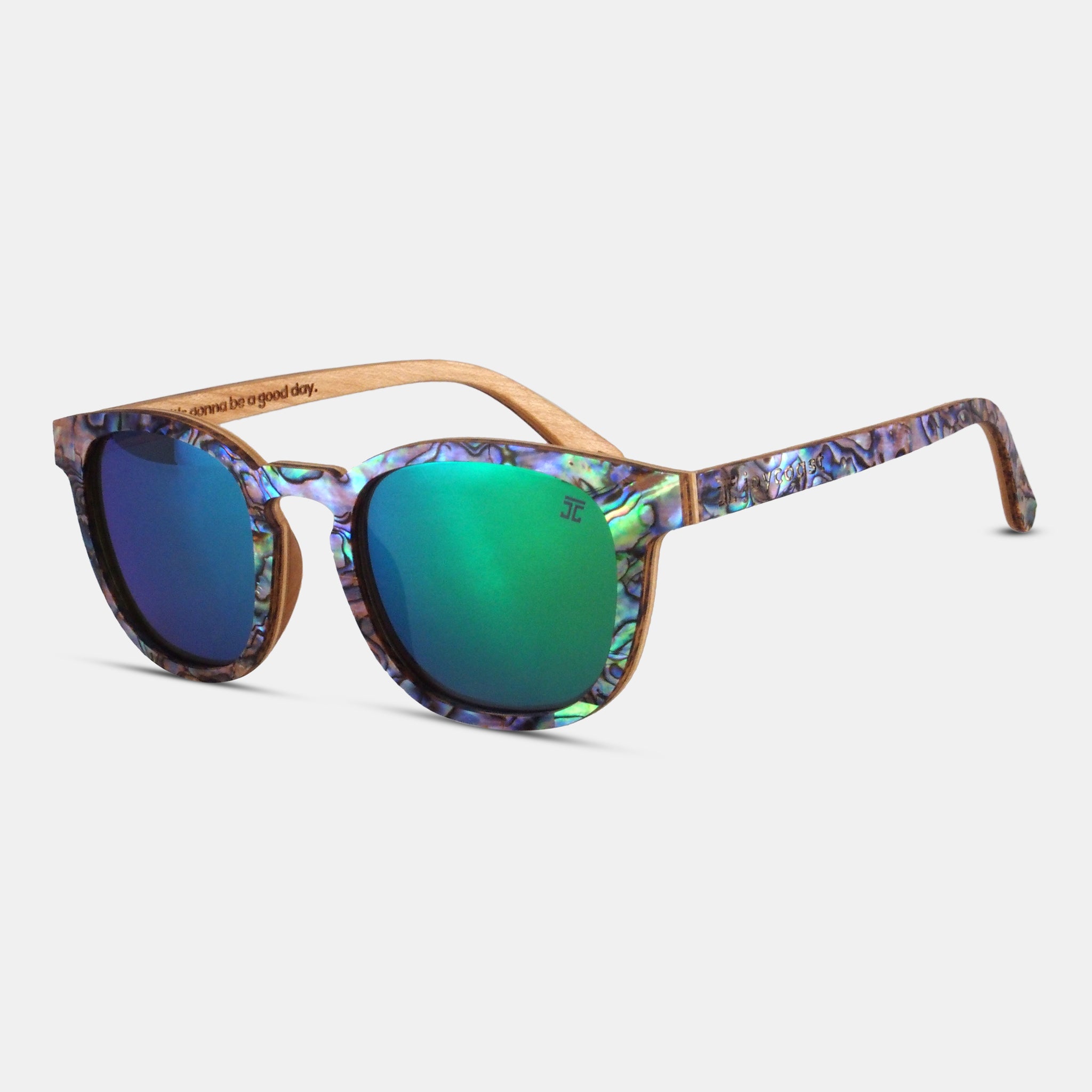 Square sunglasses with iridescent frame and green-blue lenses, wooden arms.