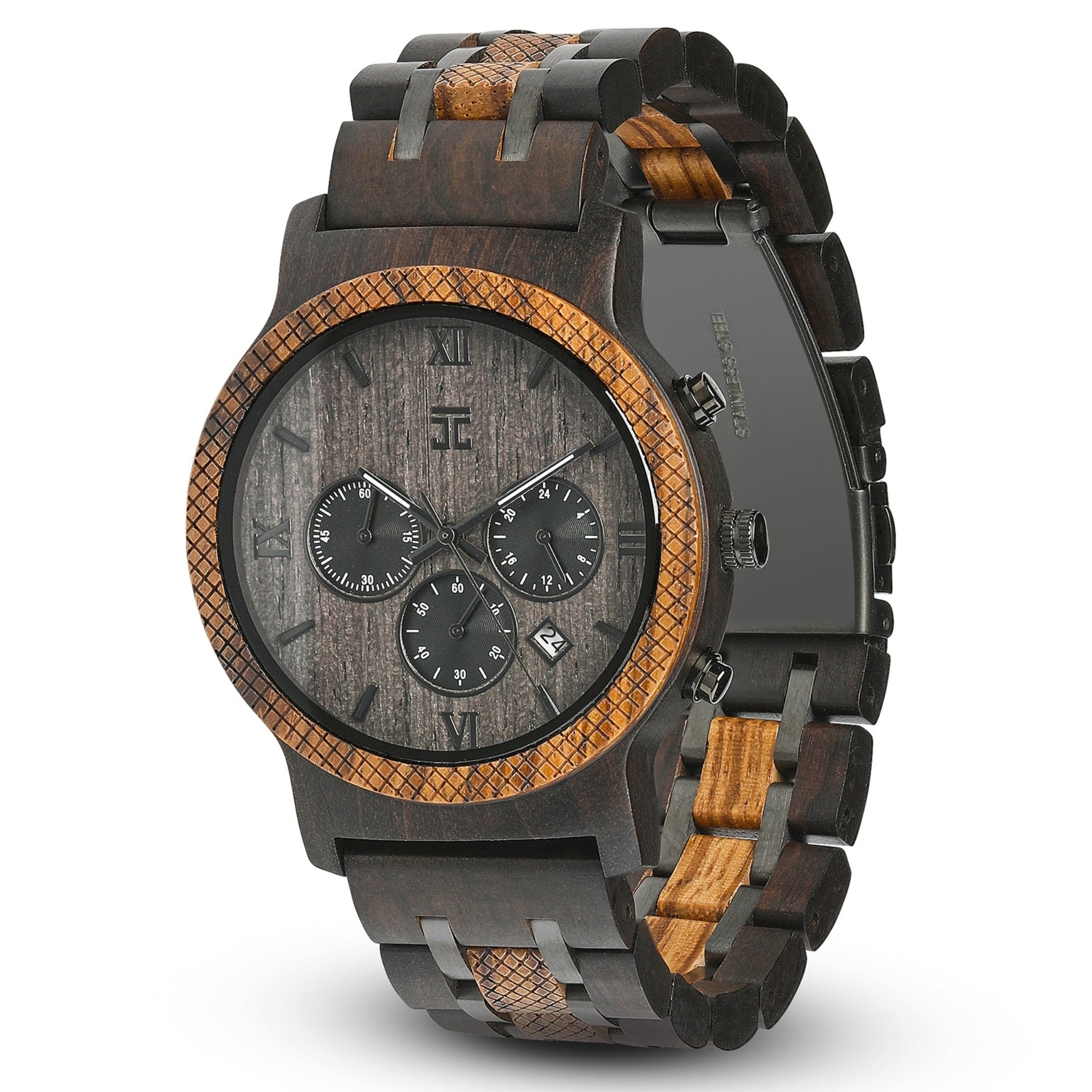 A two-toned wooden watch with a combination of dark sandalwood and zebrawood, featuring a chronograph dial.