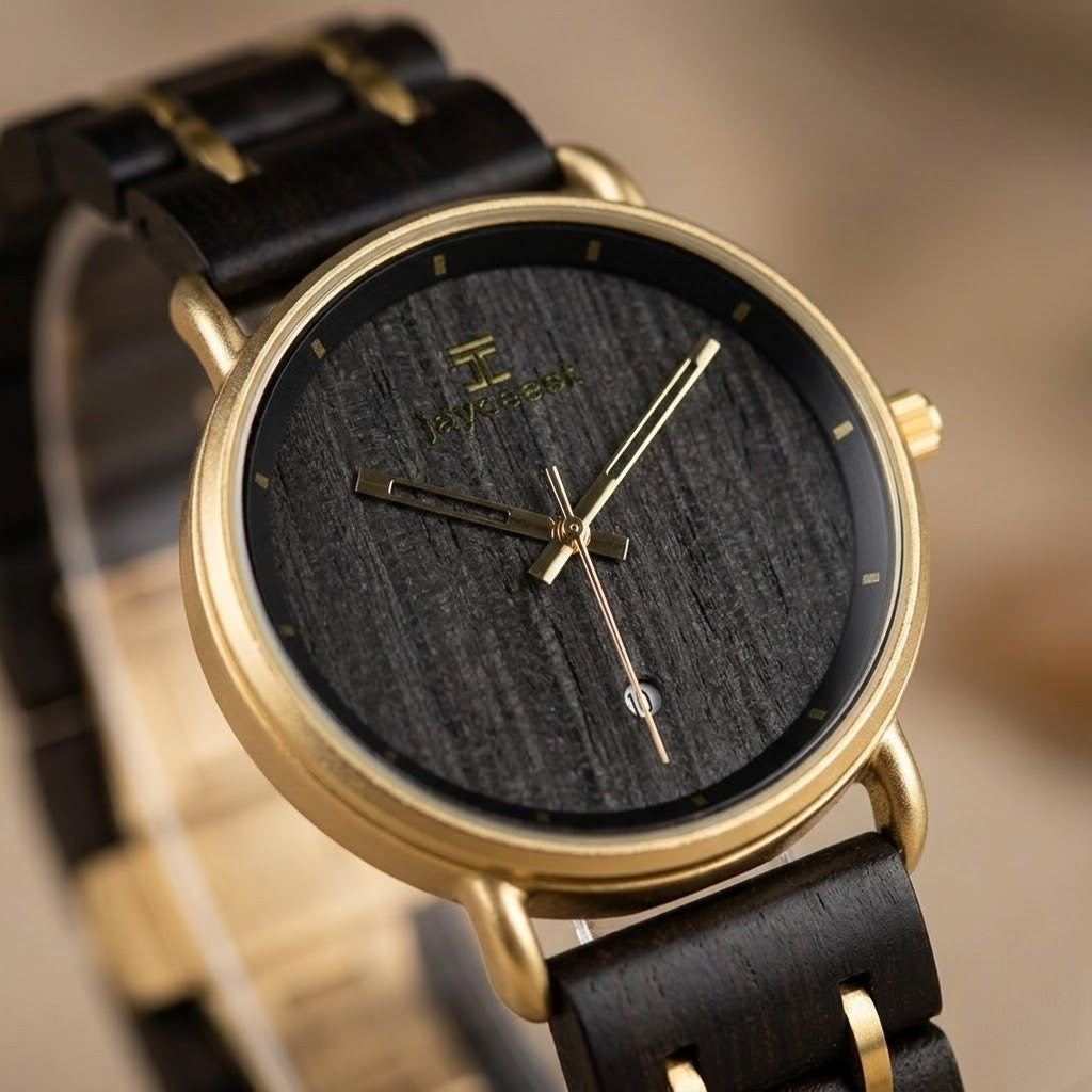 Gold-tone round watch with dark wood-grain dial and black adjustable strap