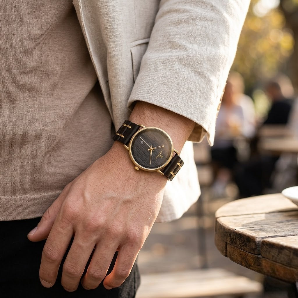 Round wristwatch on wrist with dark wood dial, black strap and gold-tone case