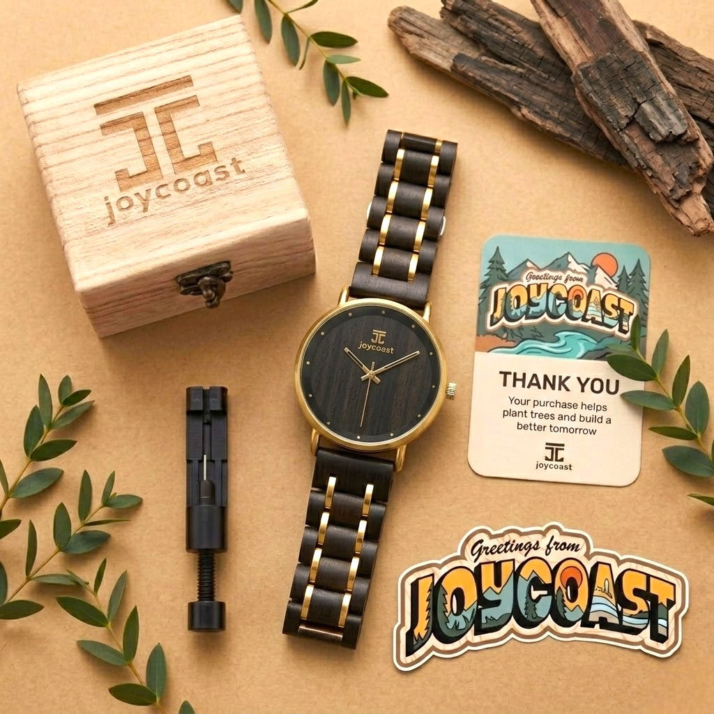 Wristwatch with dark wood dial, black strap with gold blocks and matching band