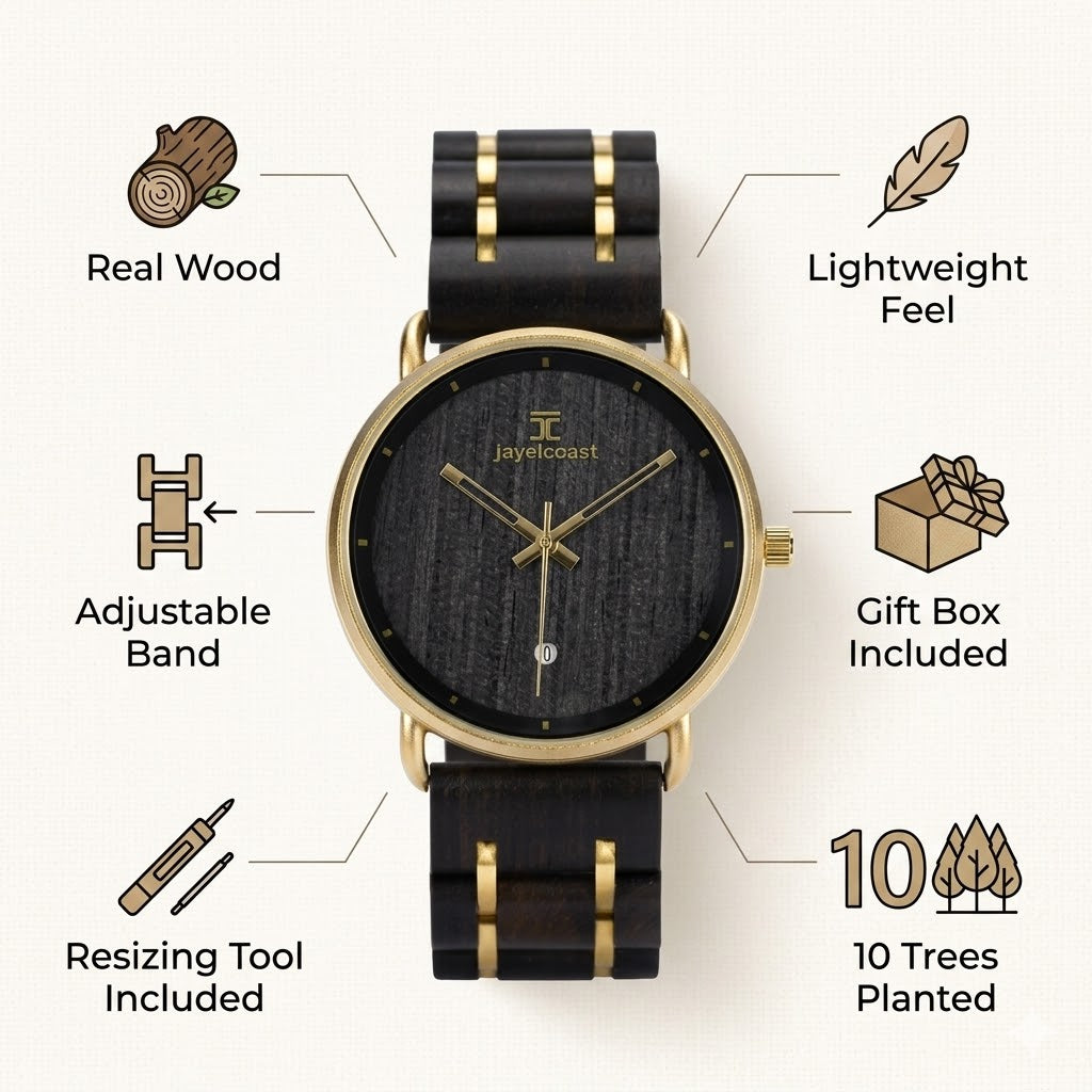 Round wood-dial watch with gold accents, adjustable band and resizing tool shown