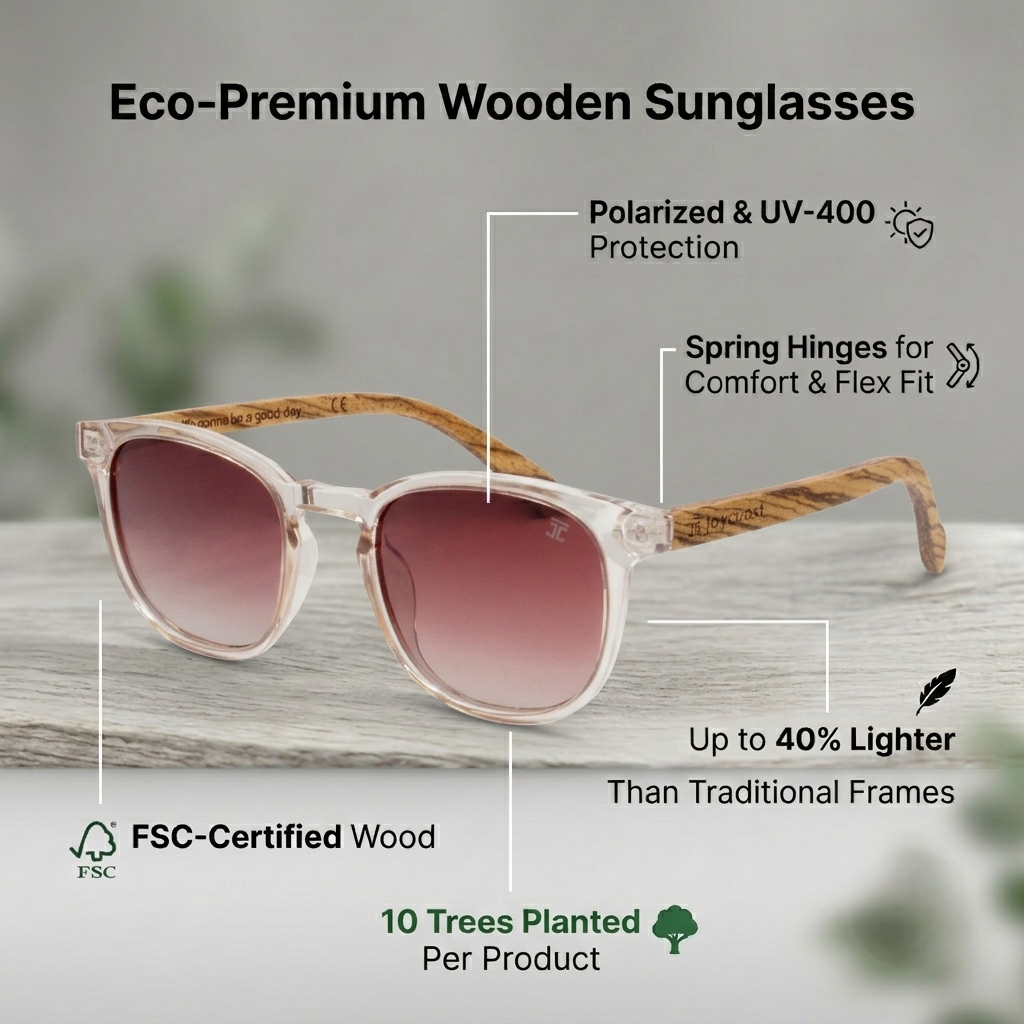 Light amber wooden sunglasses with pink gradient lenses and spring hinges