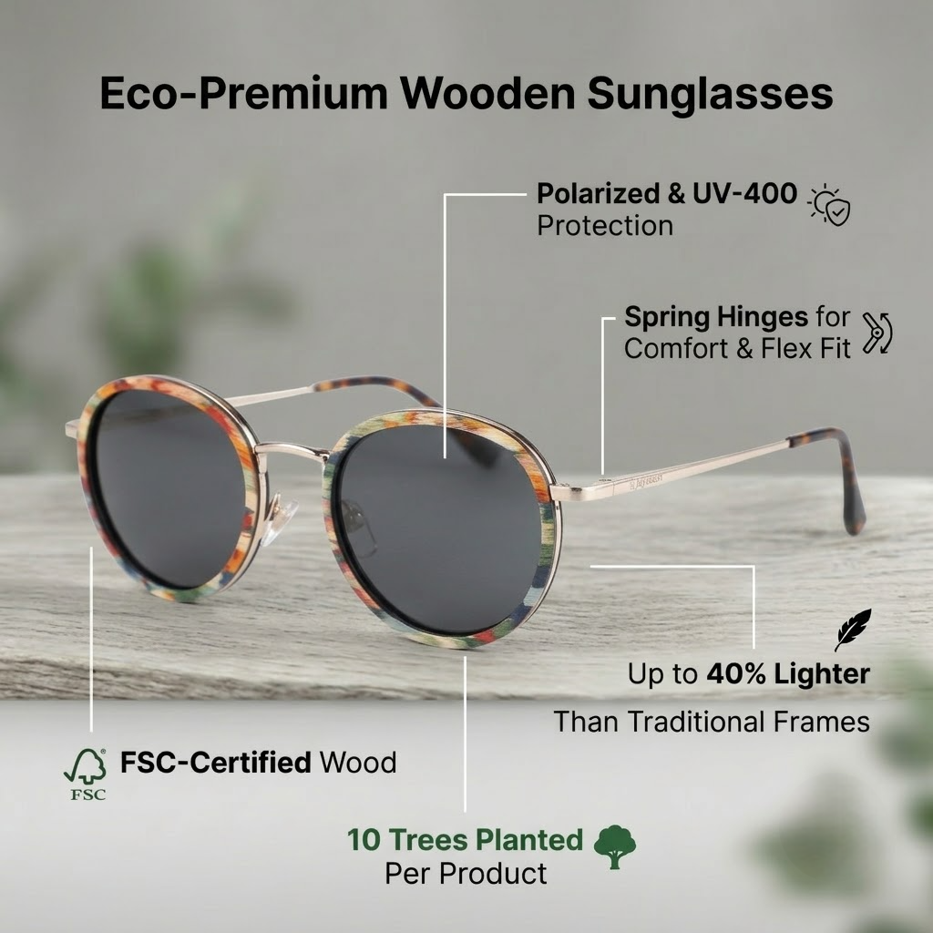 Round kids' sunglasses with multicolor wood frames and dark tinted lenses