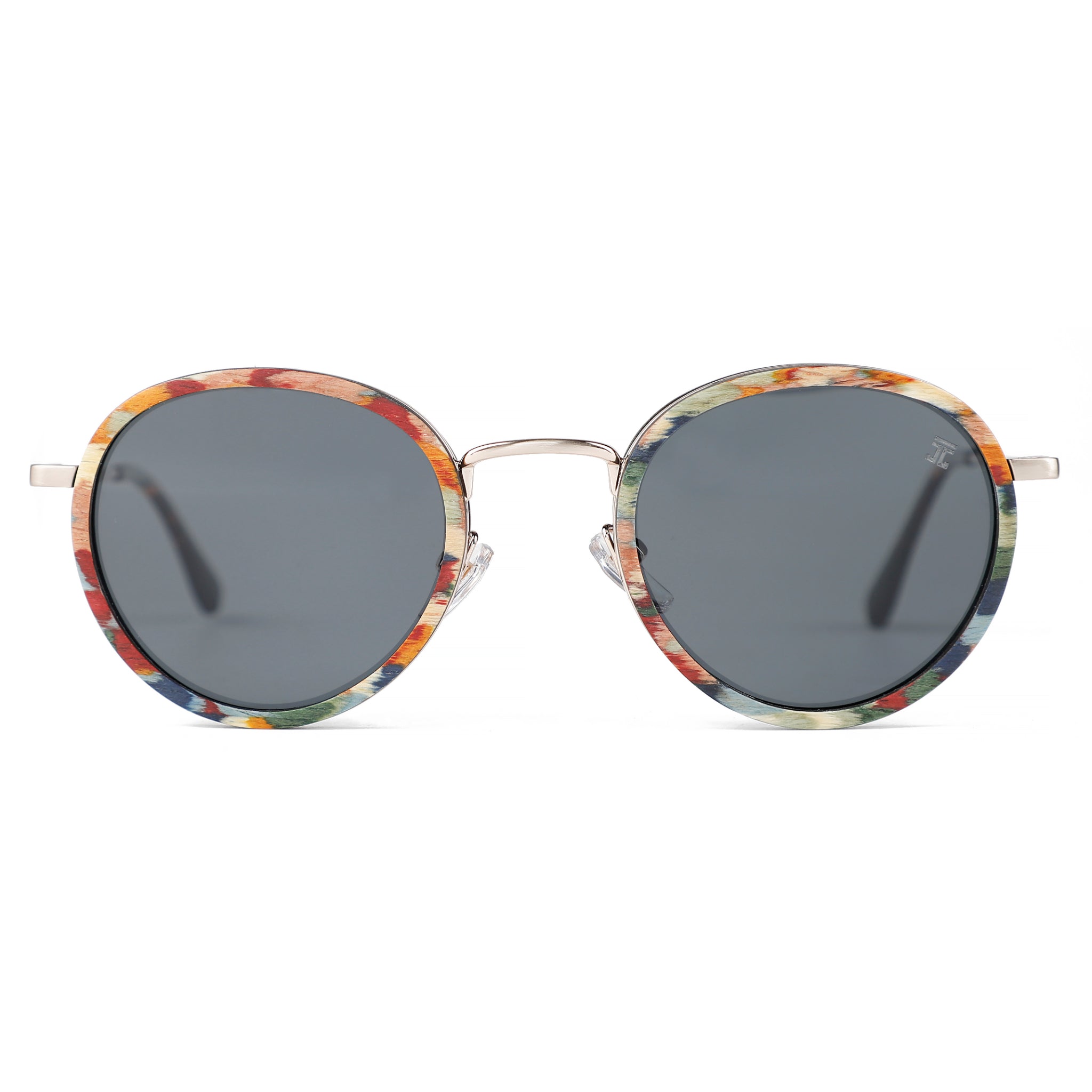 Kids round sunglasses with multicolor patterned frame and dark gray lenses.