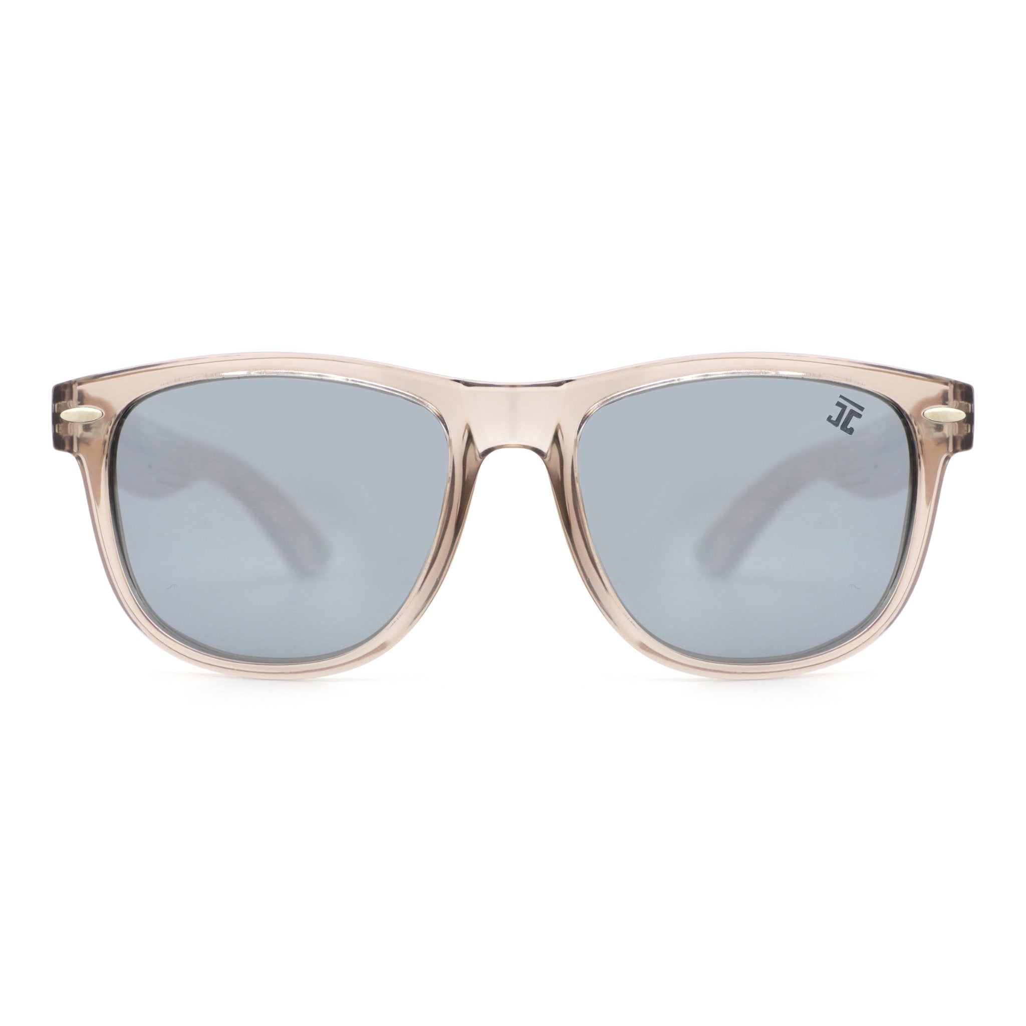 Wooden sunglasses front view with light frame and blue polarized lenses