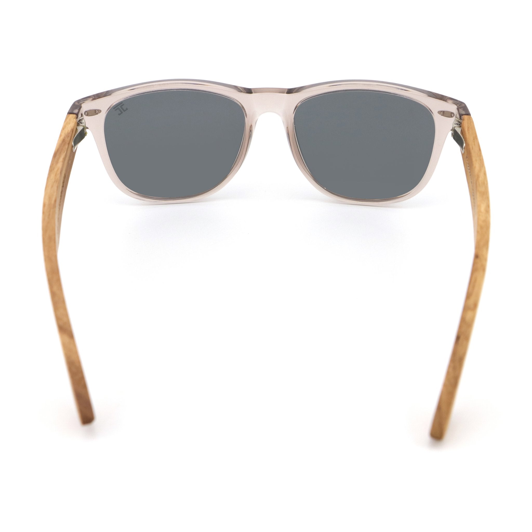 Wooden sunglasses with blue polarized lenses and light frame, angled front