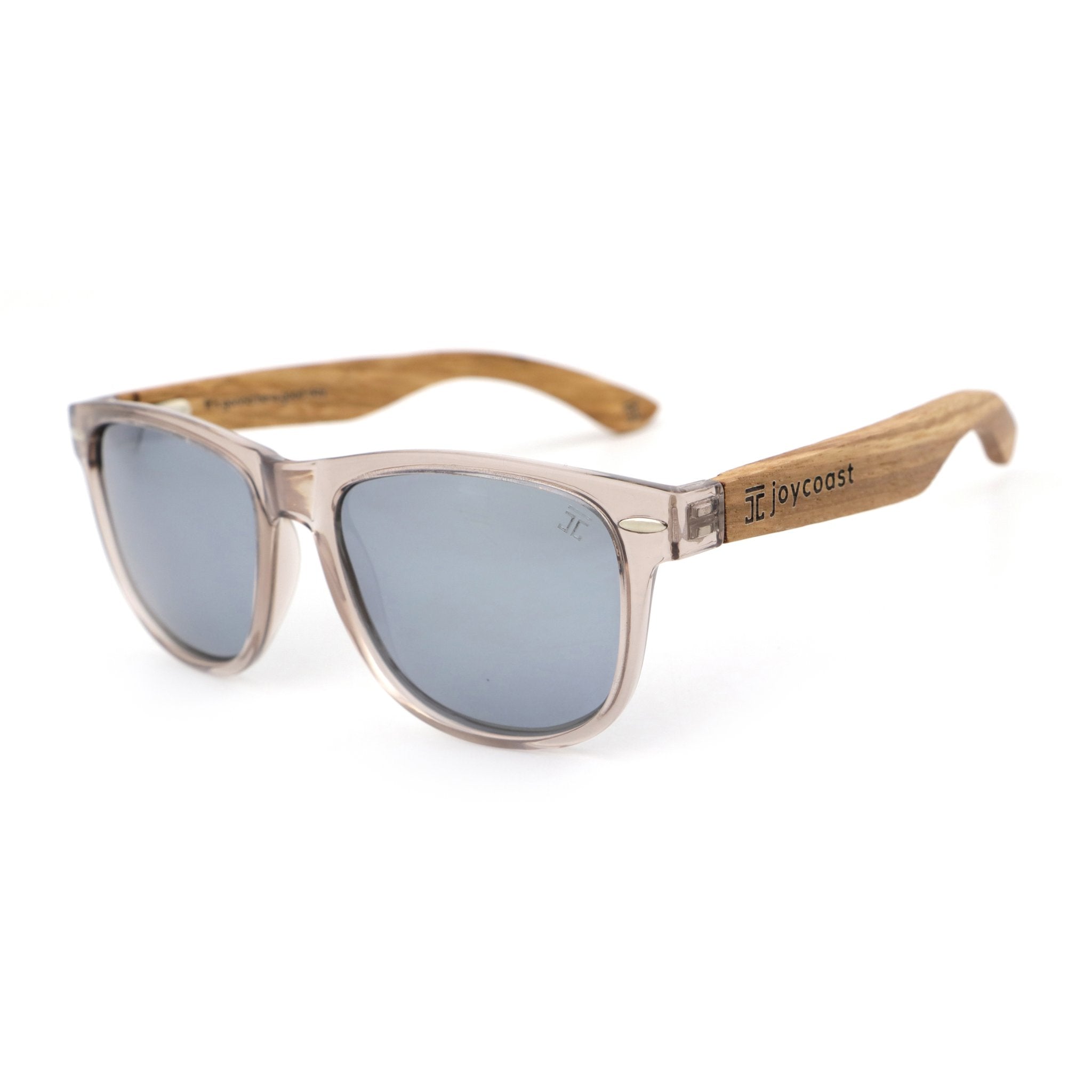 Wooden sunglasses with light frame, blue polarized lenses, and curved temple arms