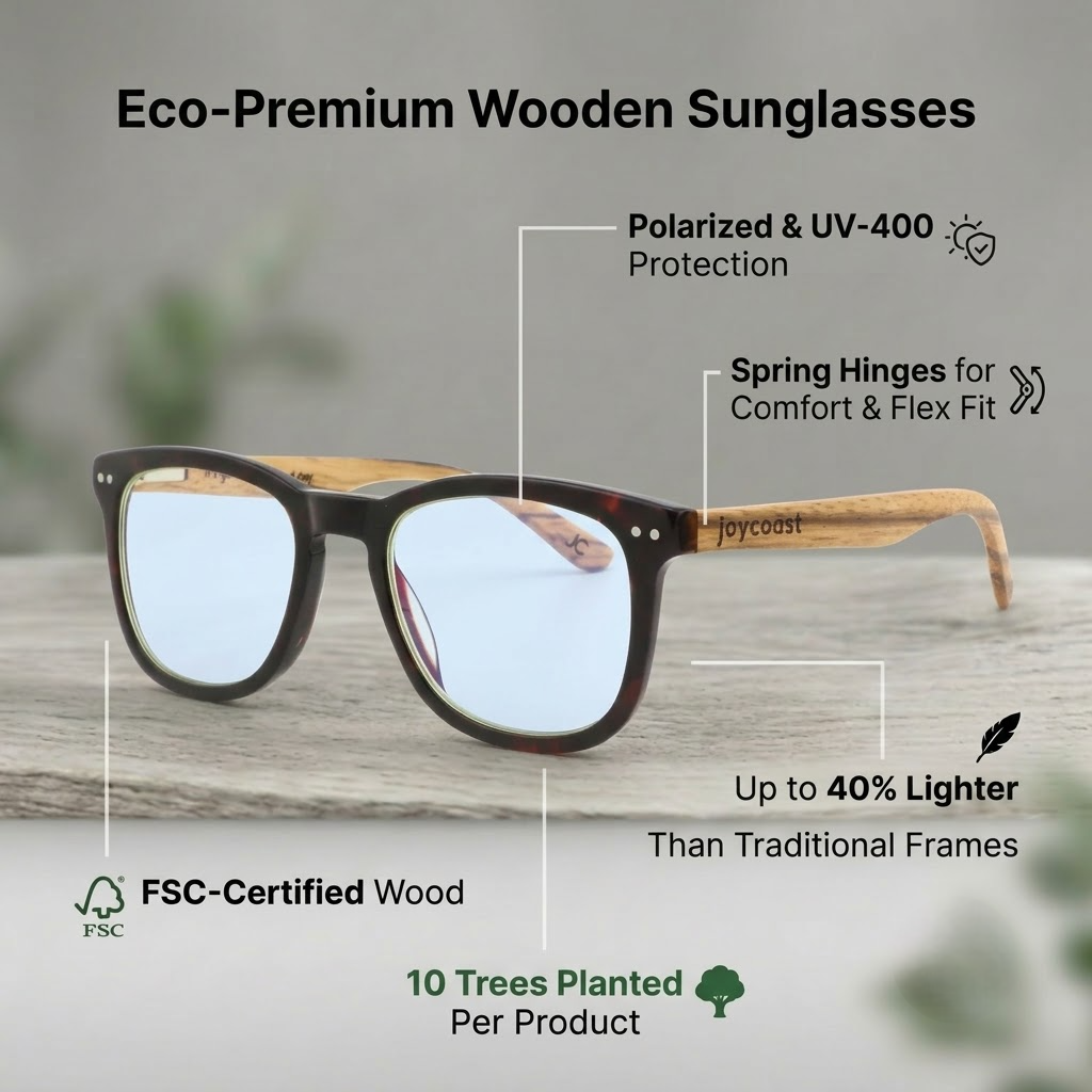 Wooden sunglasses with dark tortoise-style frame and light wood arms
