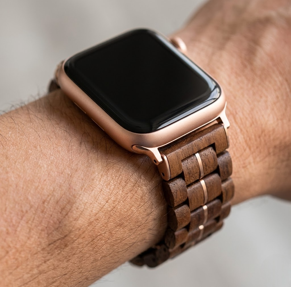 A man showcases a brown Apple Watch paired with a stylish wooden band on his wrist.