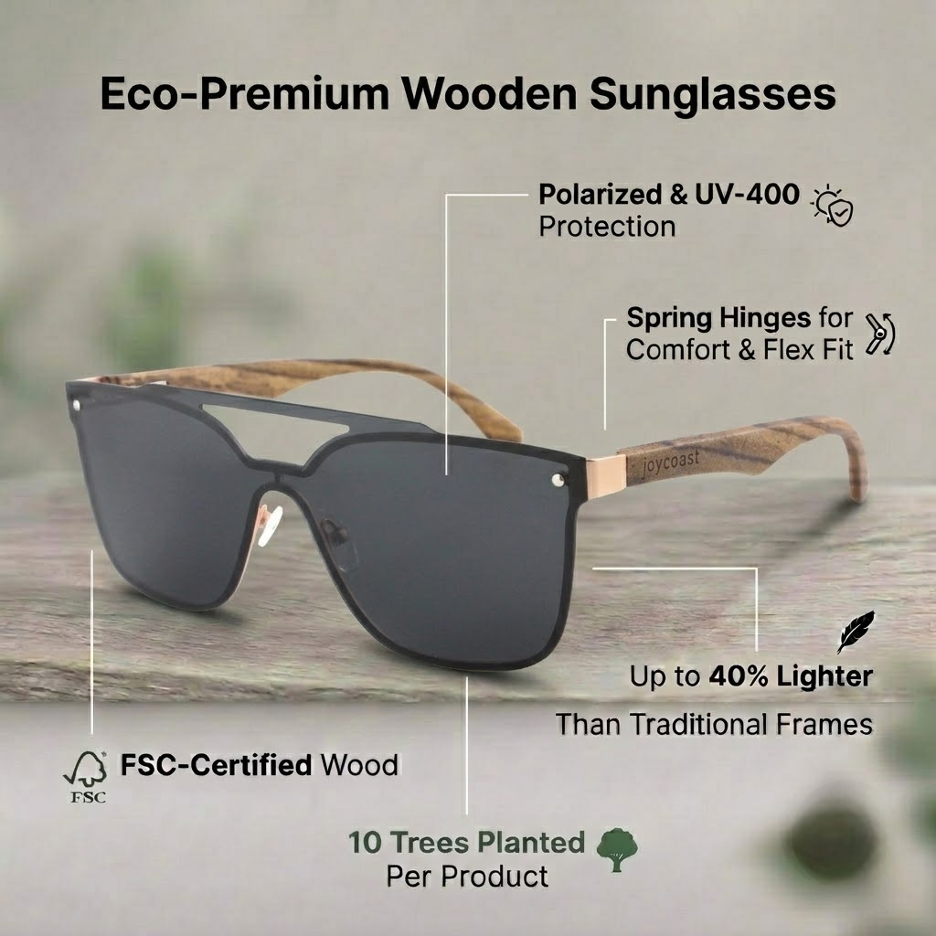 Dark square sunglasses with light wood temples and black lenses
