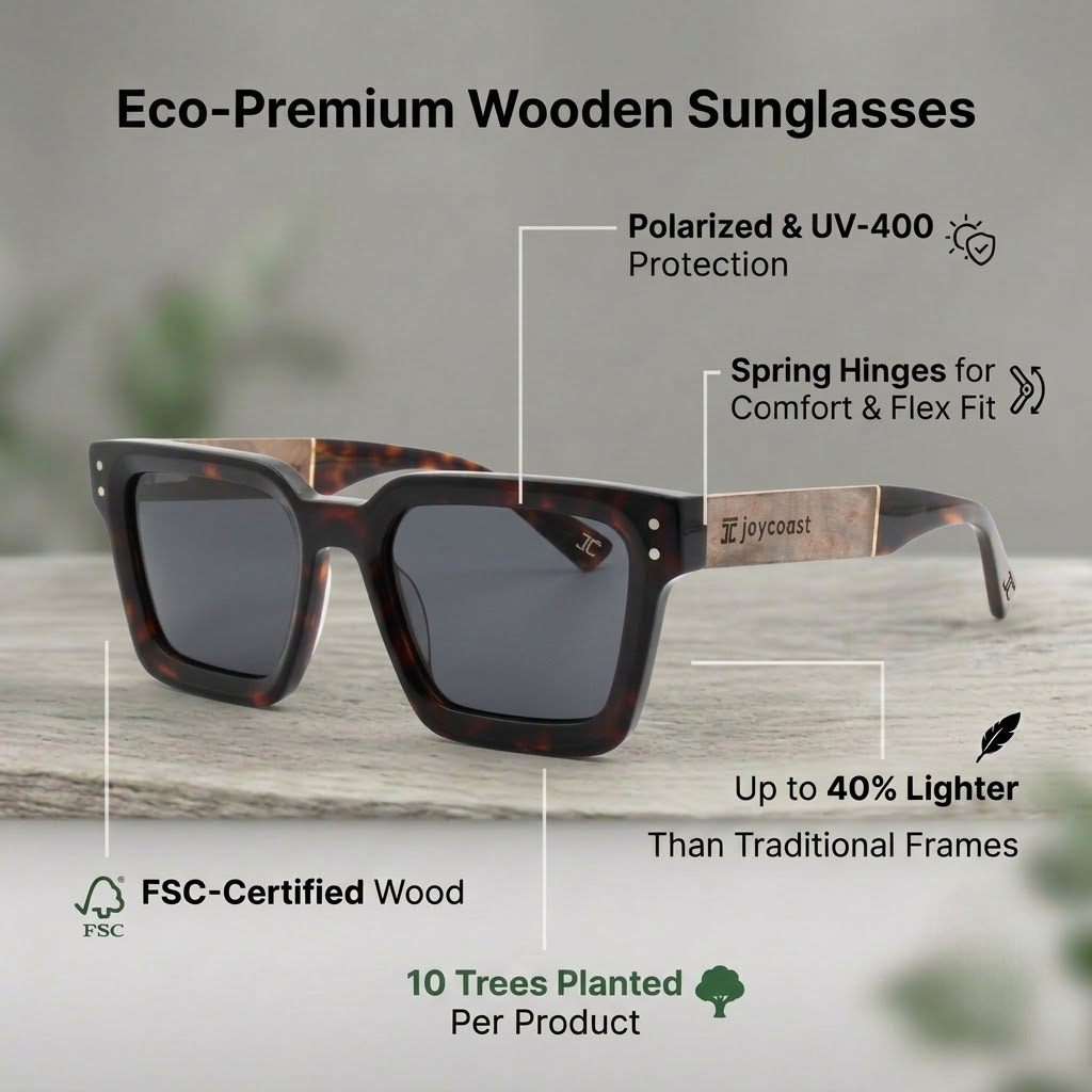 Walnut square wooden sunglasses with dark tinted lenses and tortoise-style frame
