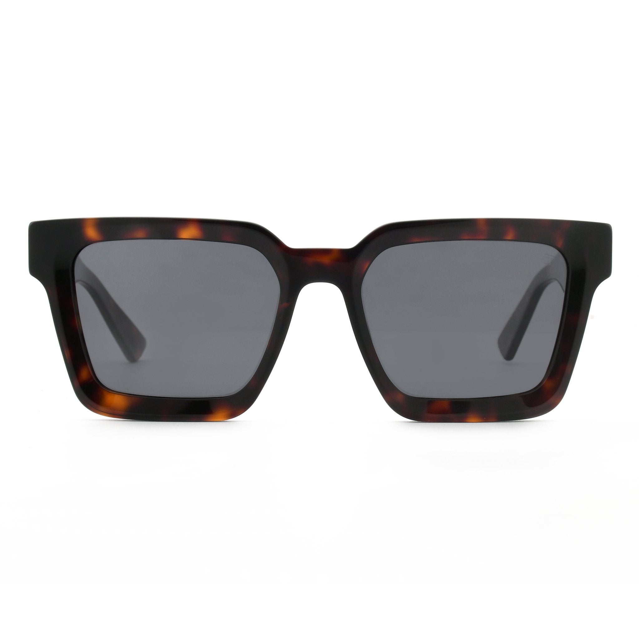 Square sunglasses with dark lenses and tortoiseshell acetate frame