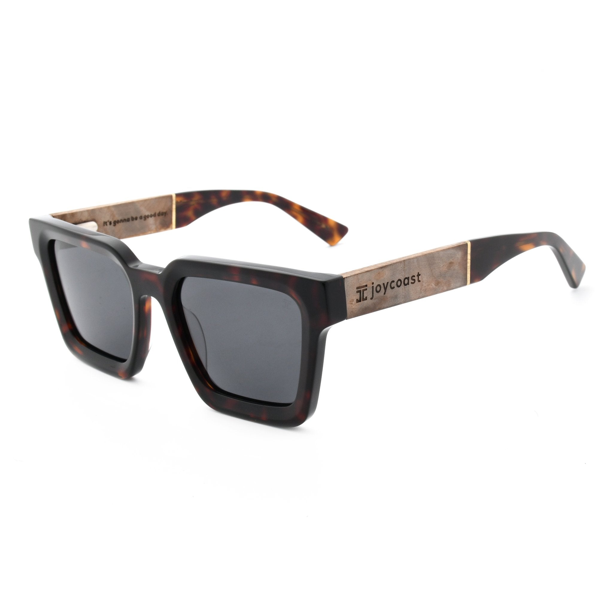 Square wooden sunglasses with dark lenses and tortoiseshell temple details