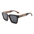 Square wooden sunglasses with dark lenses and tortoiseshell temple details