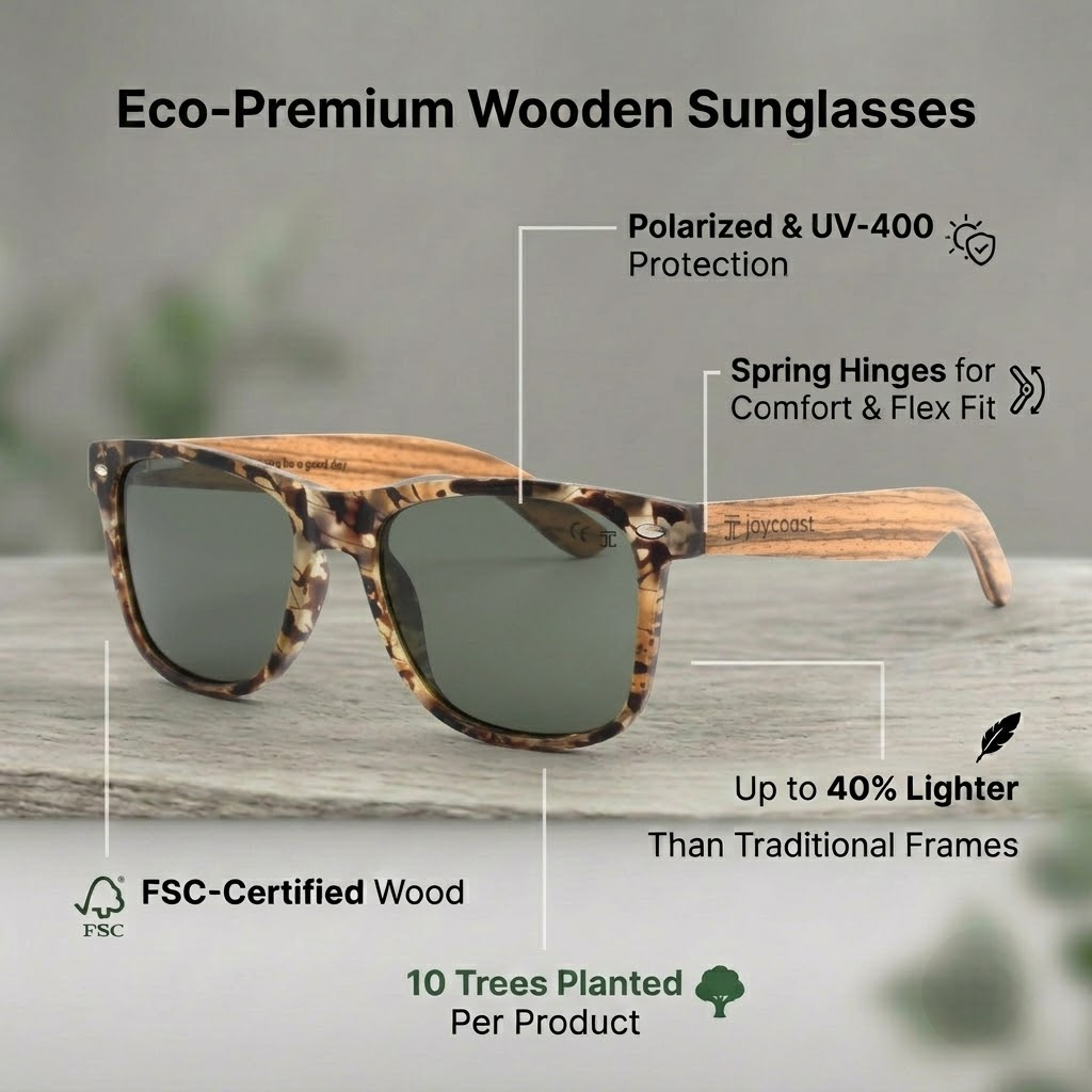 Square tortoise wooden sunglasses with dark lenses and light zebrawood temples