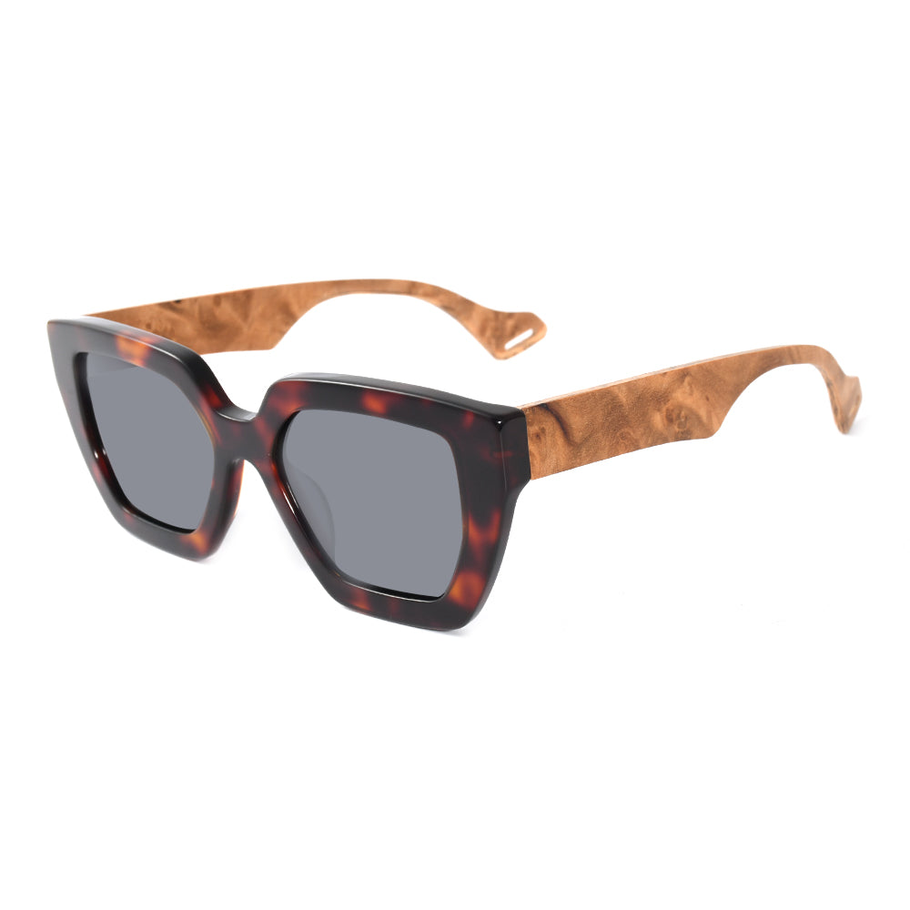 Acetate sunglasses, dark tortoiseshell frame with gray polarized lenses, wood-grain temples