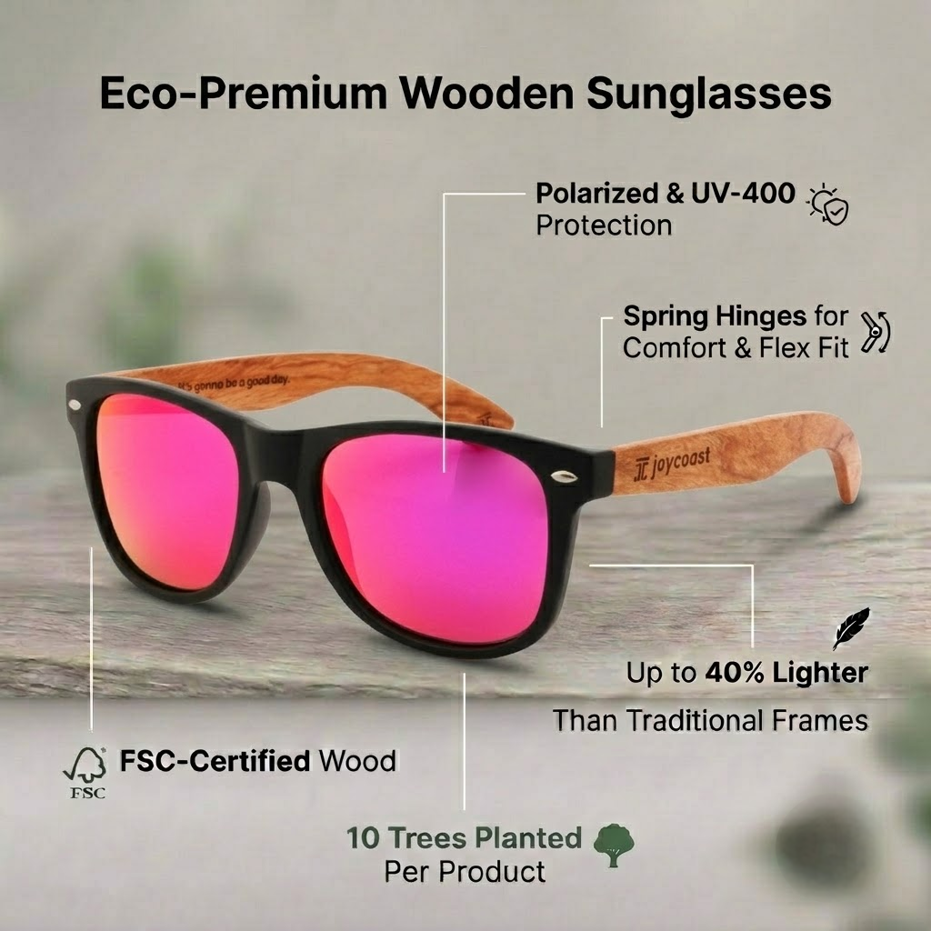 Black wooden sunglasses with pink mirrored lenses and curved wood temple tips