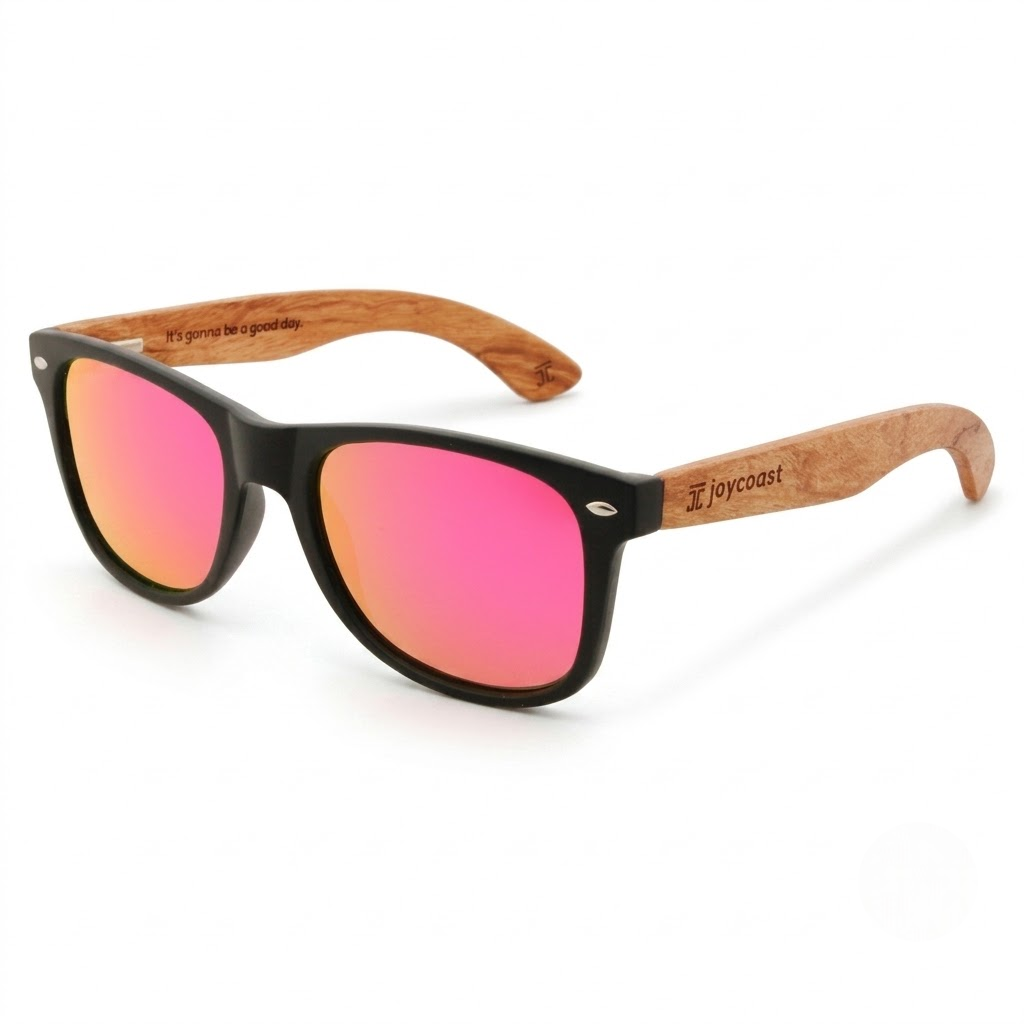 Black wayfarer sunglasses with pink mirrored lenses and wood temple arms