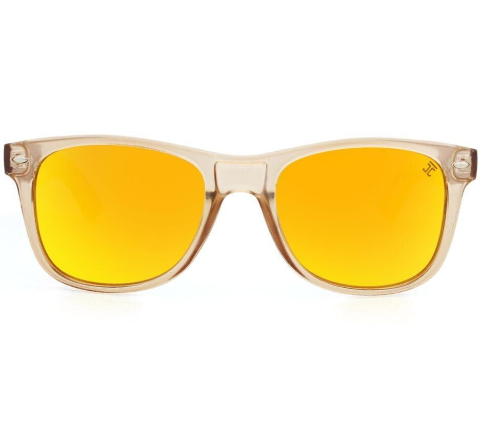 Bubinga wood sunglasses with yellow lenses and clear front frame, metal hinges