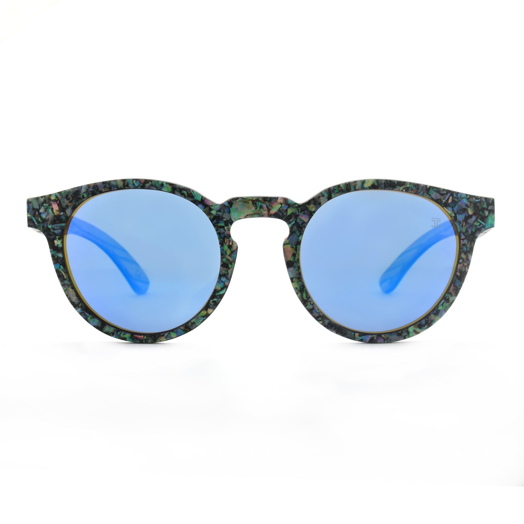Round sunglasses with abalone-pattern frame, light blue lenses, full front view.