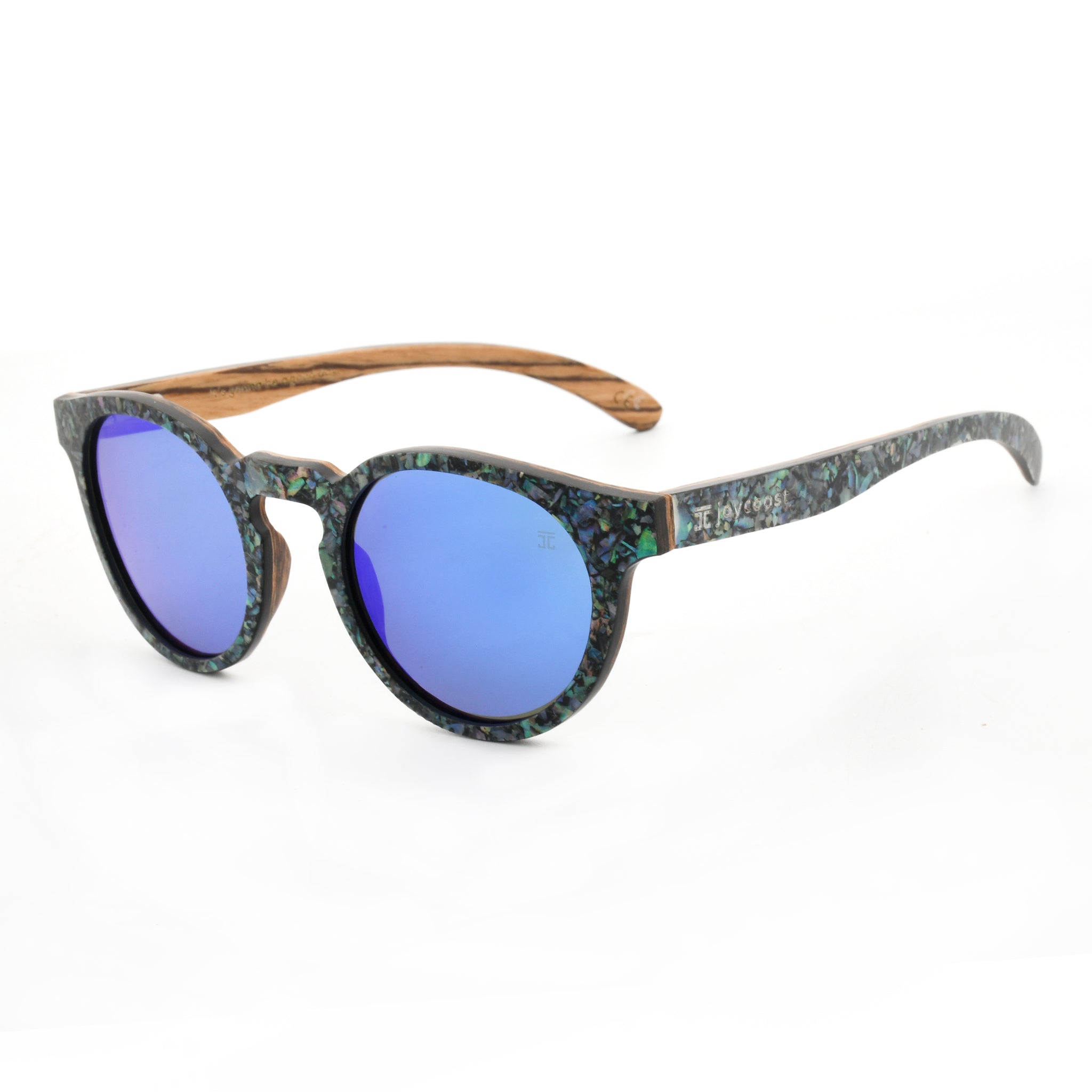 Round sunglasses with abalone-pattern frame, purple mirrored lenses, curved brown arms.