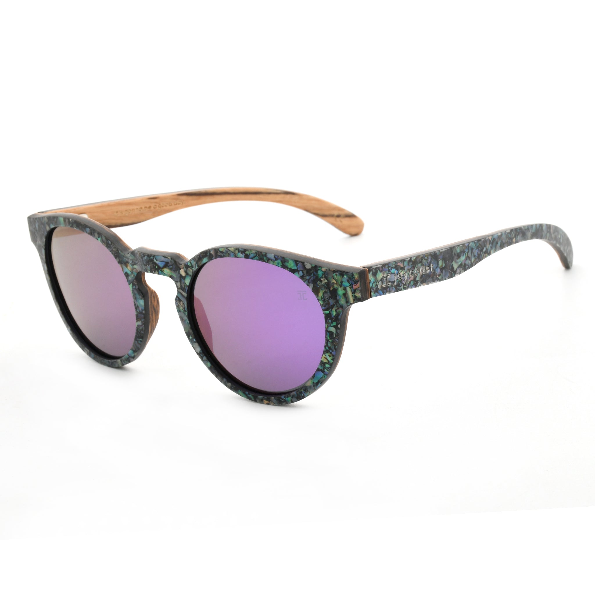 Round sunglasses with abalone-pattern frame, violet lenses, curved brown arms.