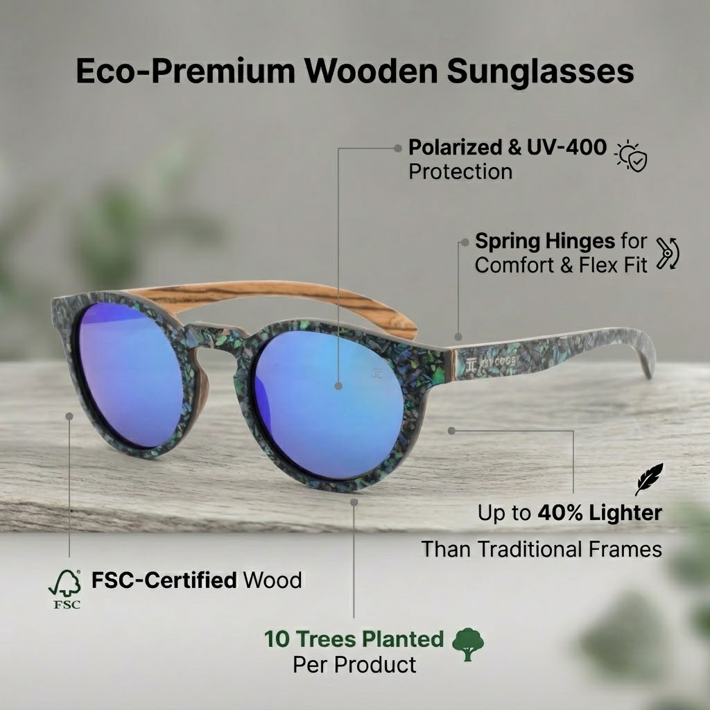  Eco-premium wooden sunglasses by Joycoast, showcasing a stylish and sustainable design.