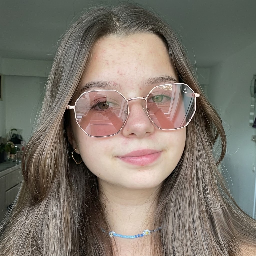 Kids acetate sunglasses on face, rose-gold round frame with pink tinted lenses
