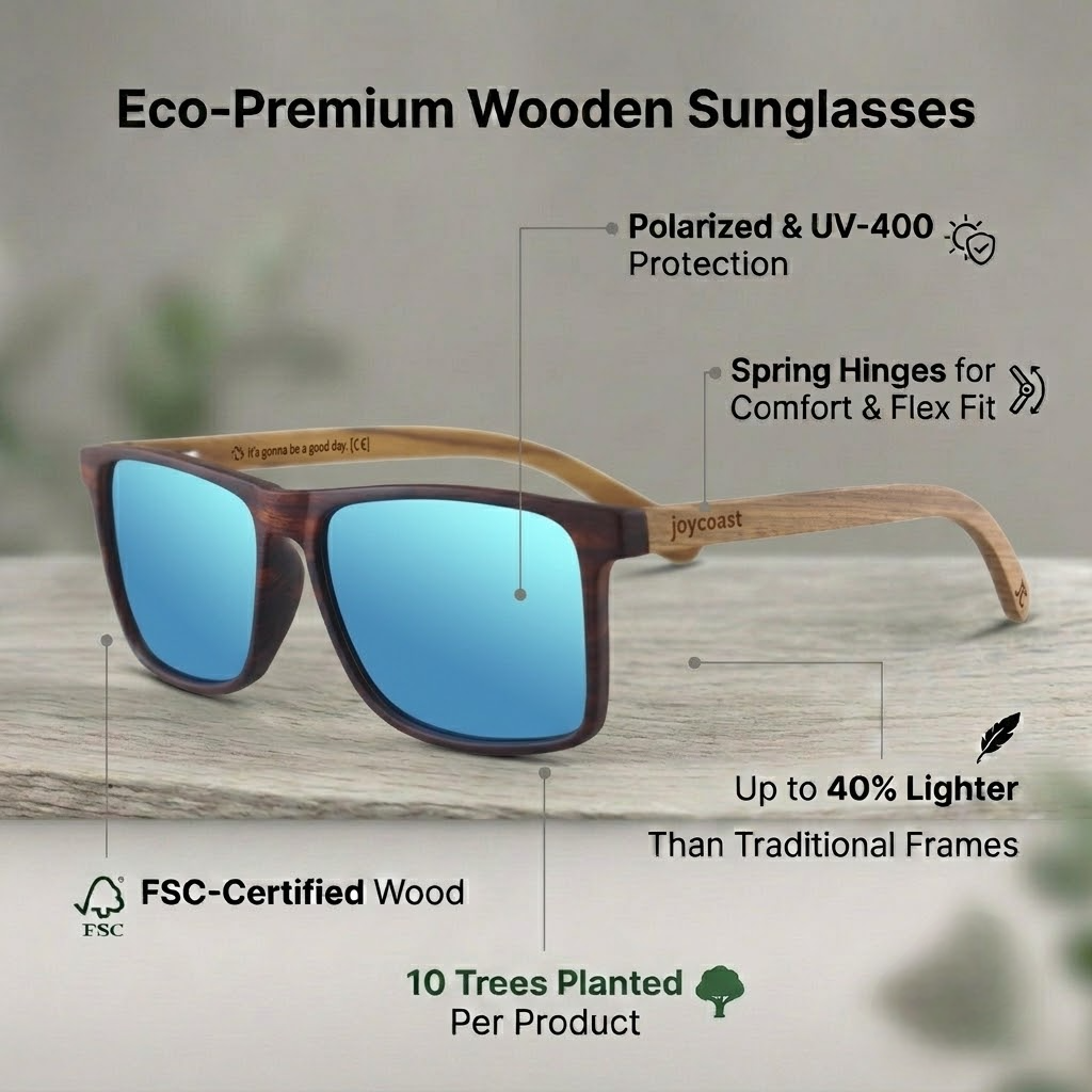 Thin wooden sunglasses with blue mirrored lenses and brown frame, spring hinges