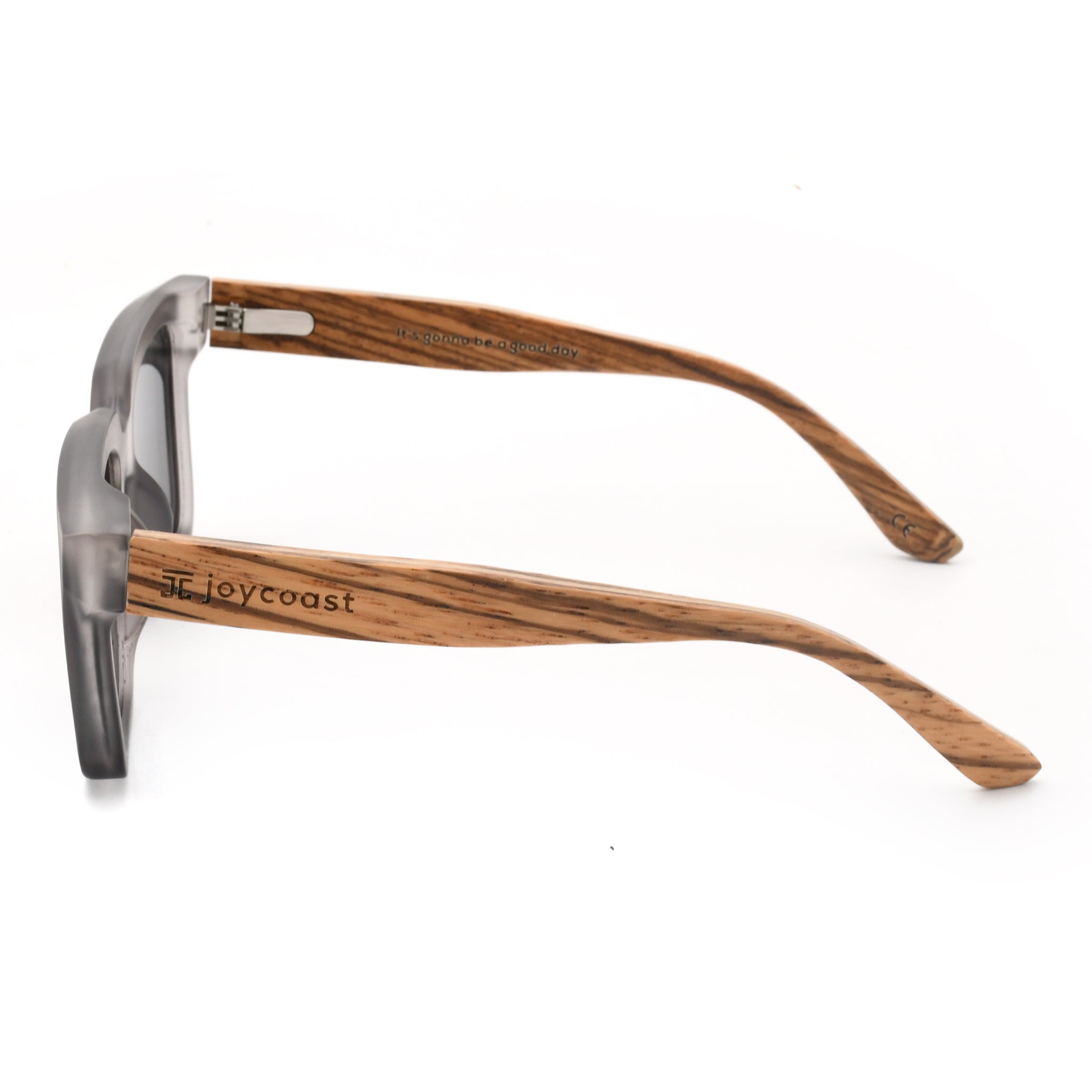 Oversized sunglasses side view with translucent frame and patterned wood temples.