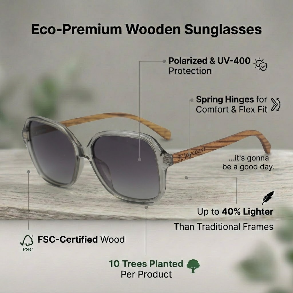 Cat-eye sunglasses with dark lenses and wooden temple arms