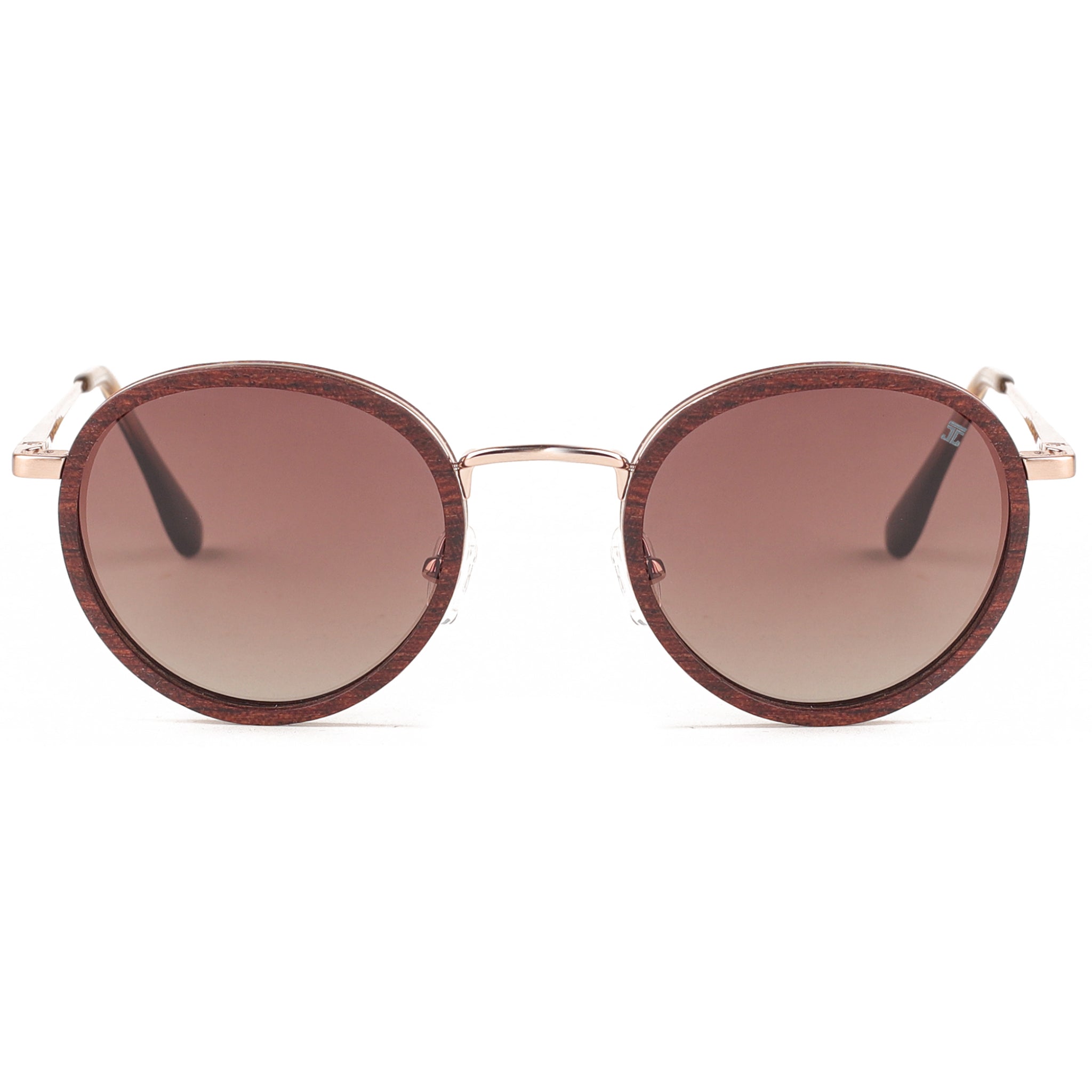 Round sunglasses with brown gradient lenses and rose gold frame on a white background