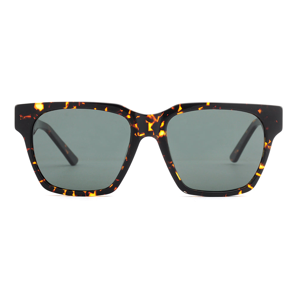 Square dark sunglasses with green-tinted lenses and speckled tortoiseshell frames