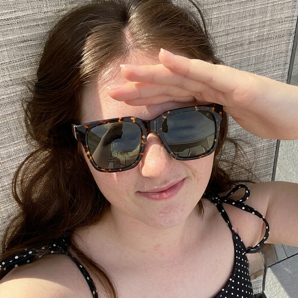 Tortoiseshell sunglasses on a person, dark reflective lenses