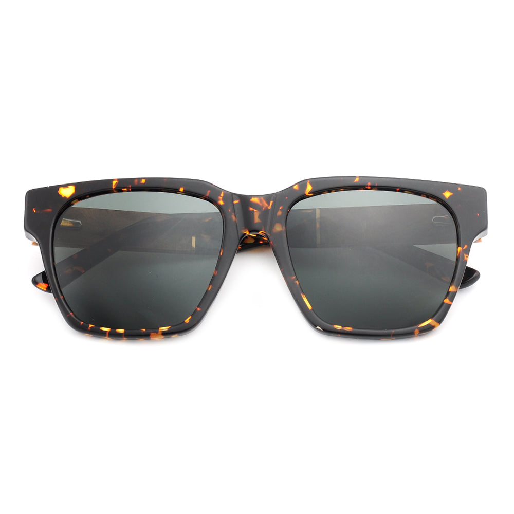 Square sunglasses with green lenses and tortoiseshell frames with thick arms