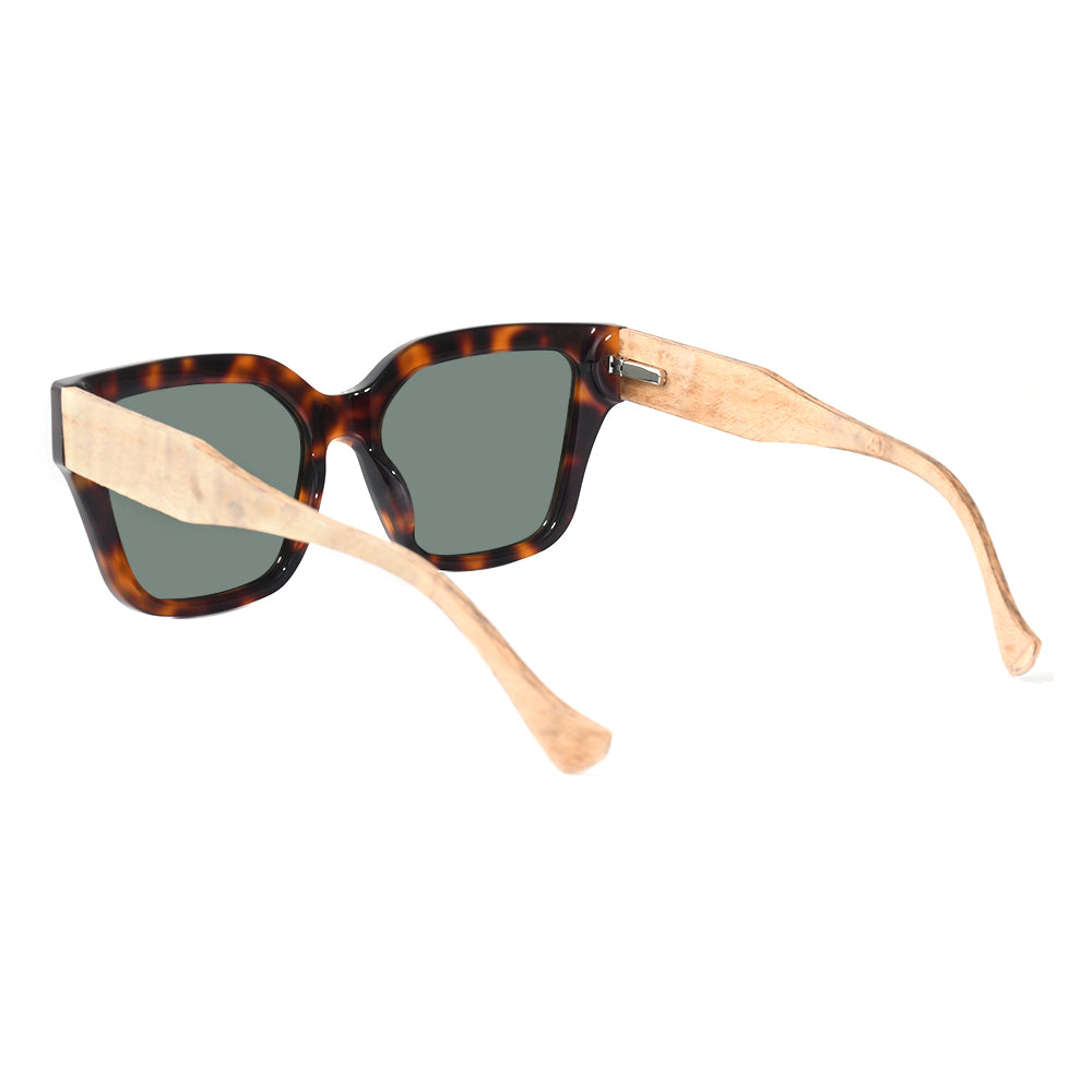 Tortoise acetate sunglasses with green lenses and light maple wood arms.