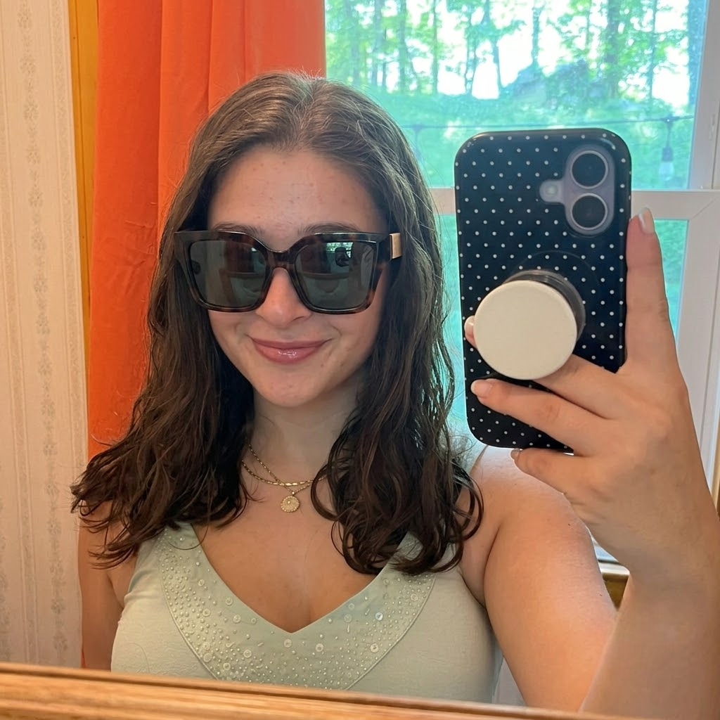 Tortoise wooden sunglasses on model, square frames with dark green lenses