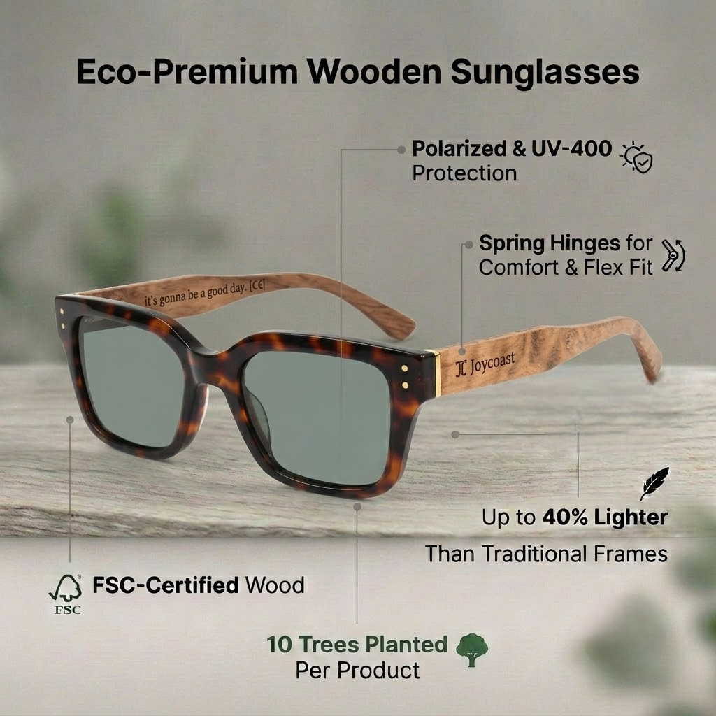 Tortoise wooden sunglasses with dark green lenses and square frames