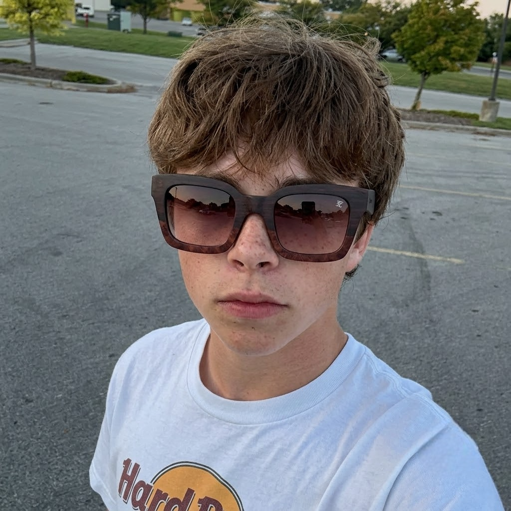 Kids wooden sunglasses on a child, square dark frame with tinted lenses
