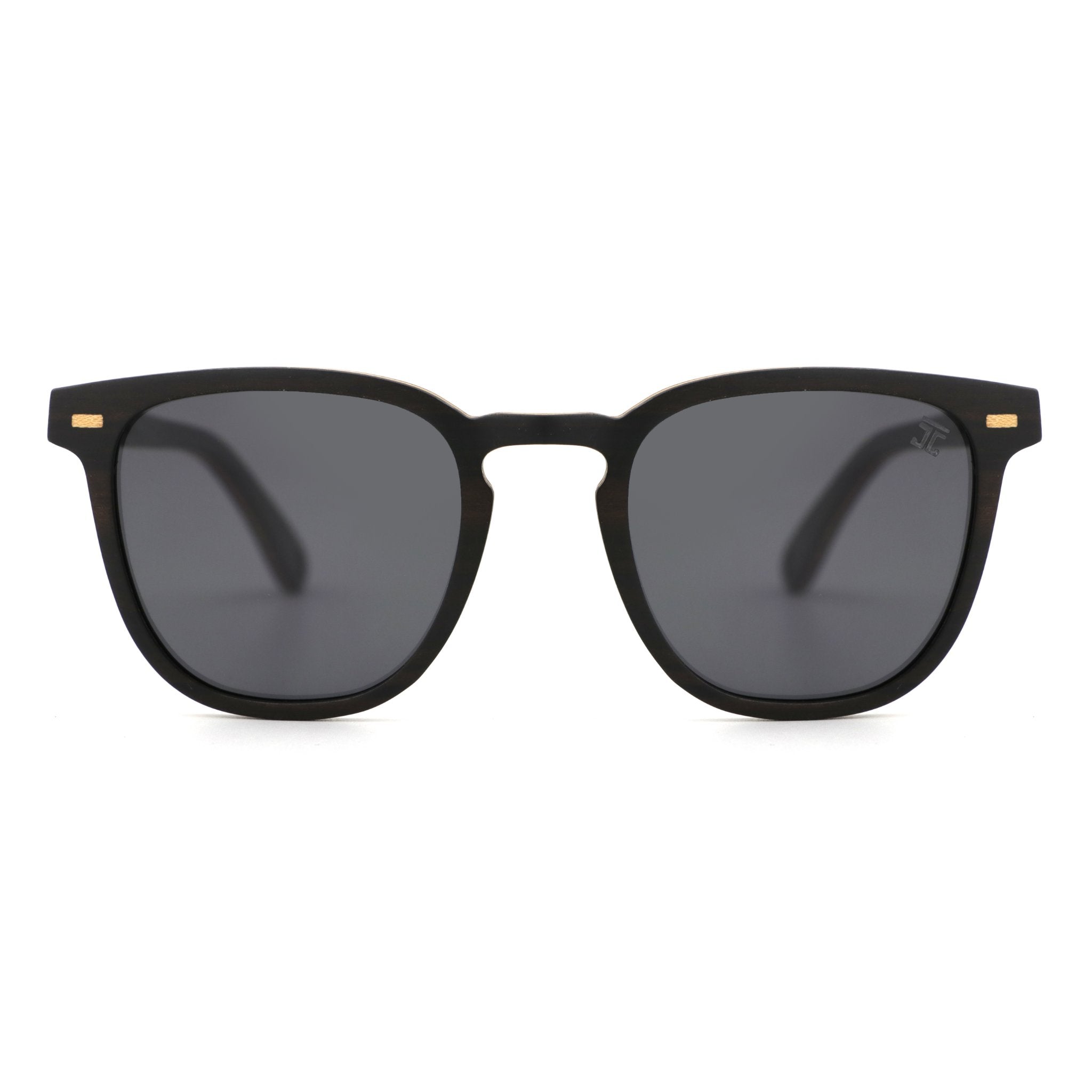 Sunglasses with dark frames and gray lenses, front view
