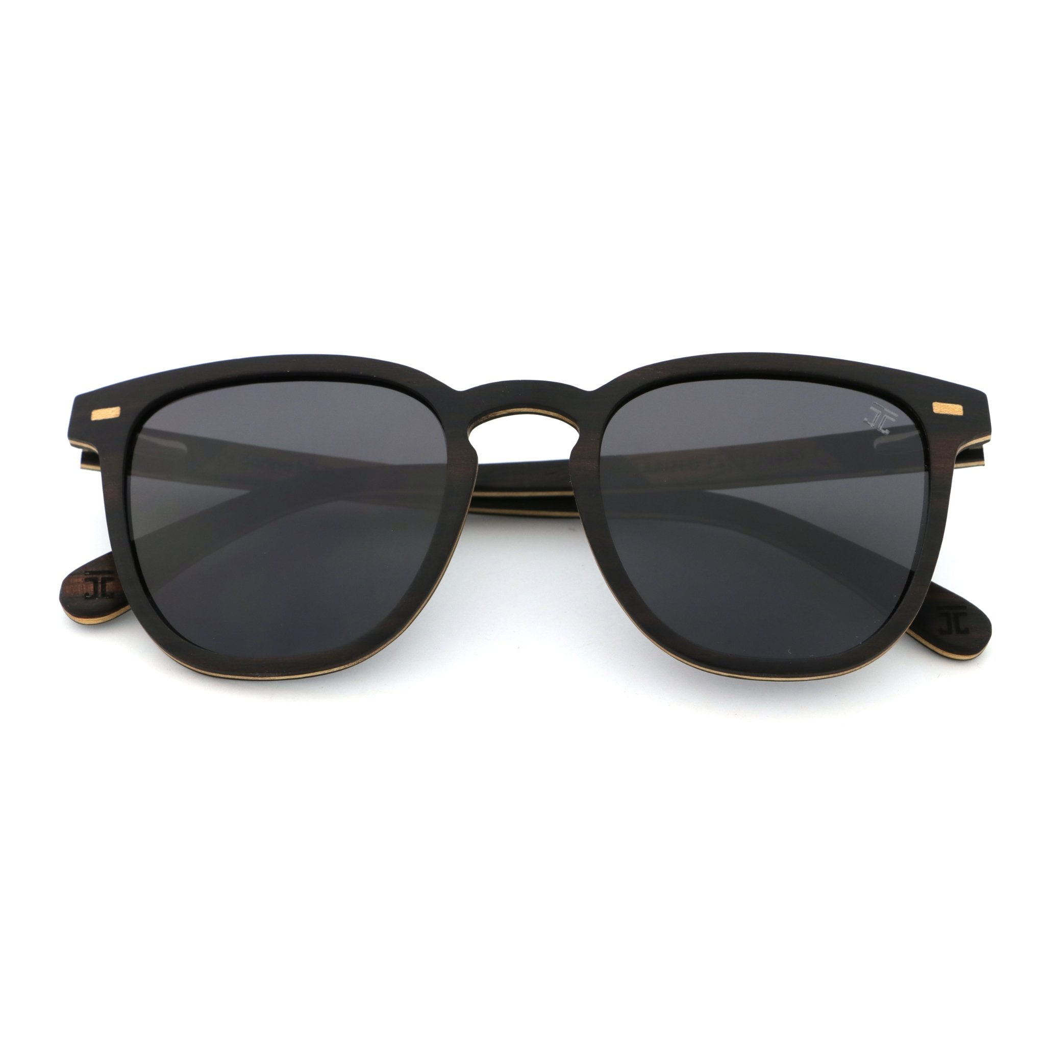 Ebony wooden sunglasses with dark lenses and slim metal arms