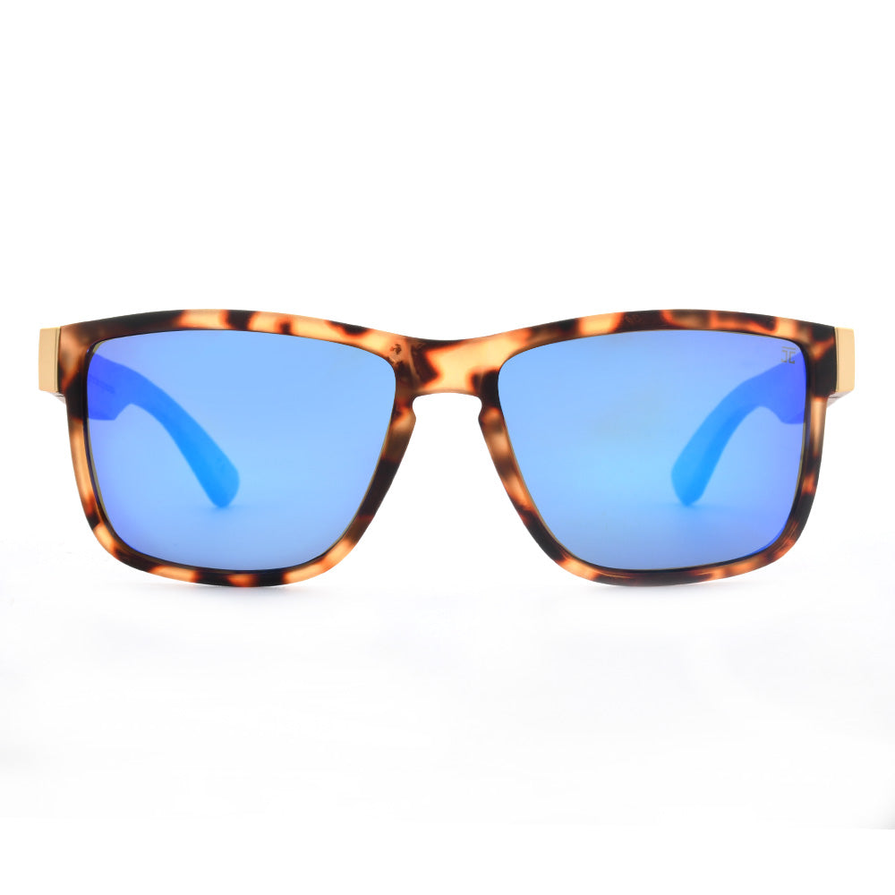 Tigers sunglasses with tortoiseshell frames and blue reflective square lenses
