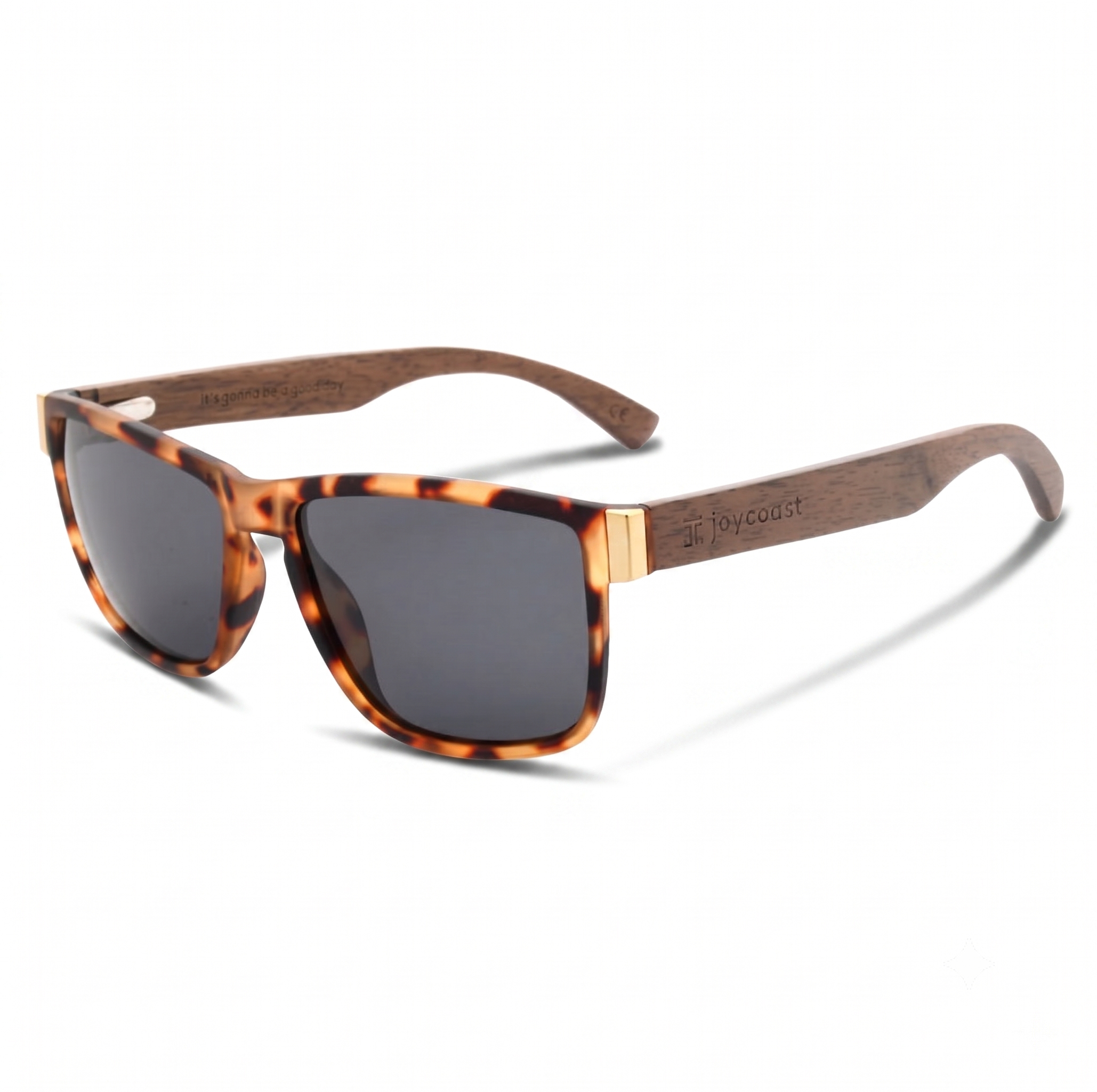 Wooden tortoiseshell square sunglasses with dark lenses and curved temple arms
