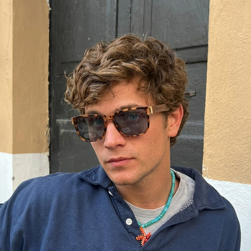 Wooden tortoiseshell sunglasses on face, square frame with dark lenses