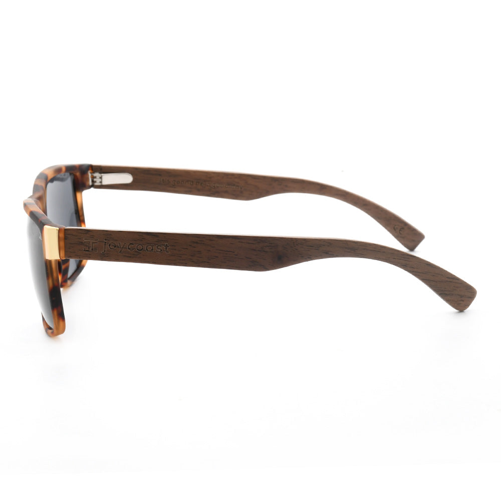 Tigers sunglasses side view with tortoiseshell frame and dark lenses