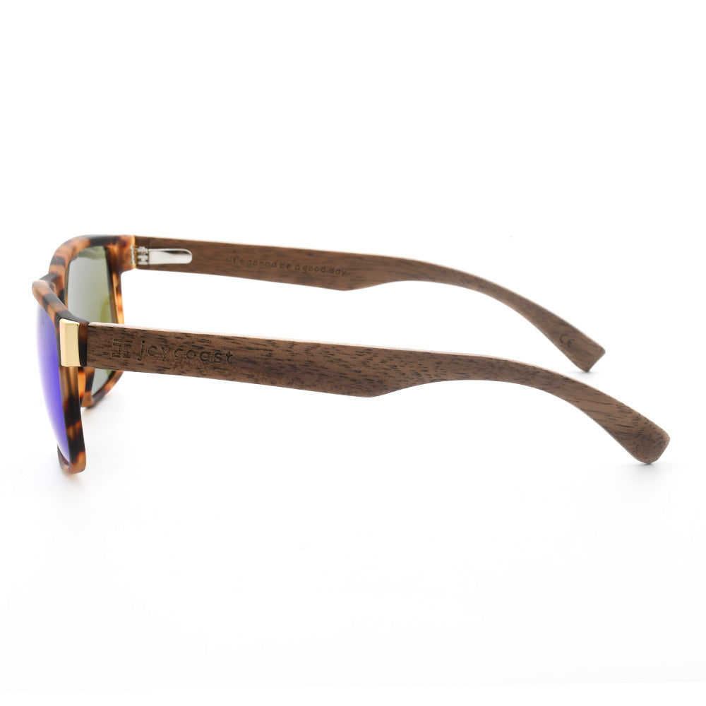Tigers sunglasses side view with wood-look arms and tortoiseshell frame